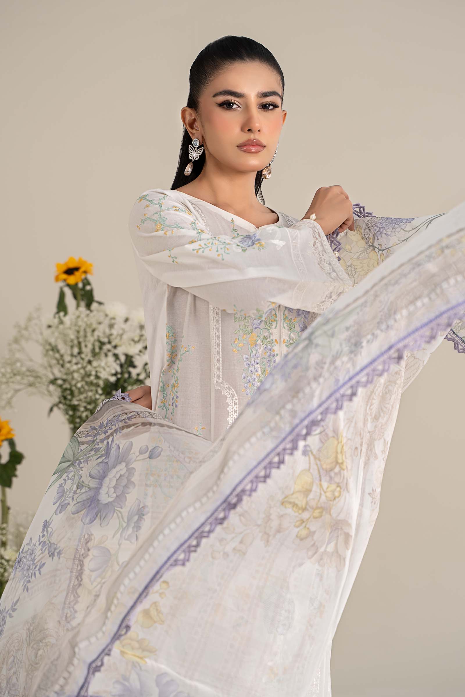 Pakistani Off White Embroidered Self Jacquard Lawn Suit (3-Piece) - Image 2