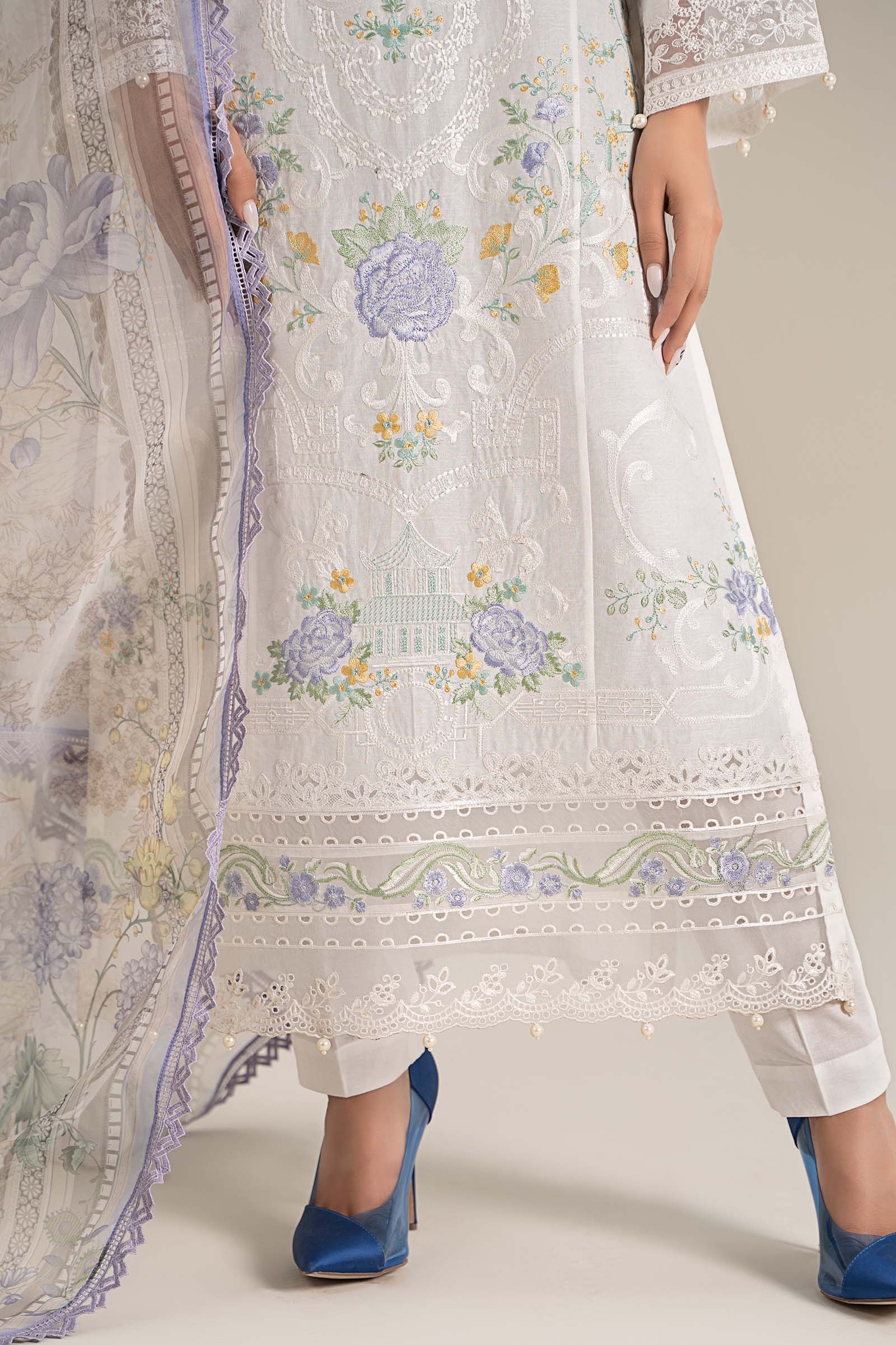 Pakistani Off White Embroidered Self Jacquard Lawn Suit (3-Piece) - Image 5