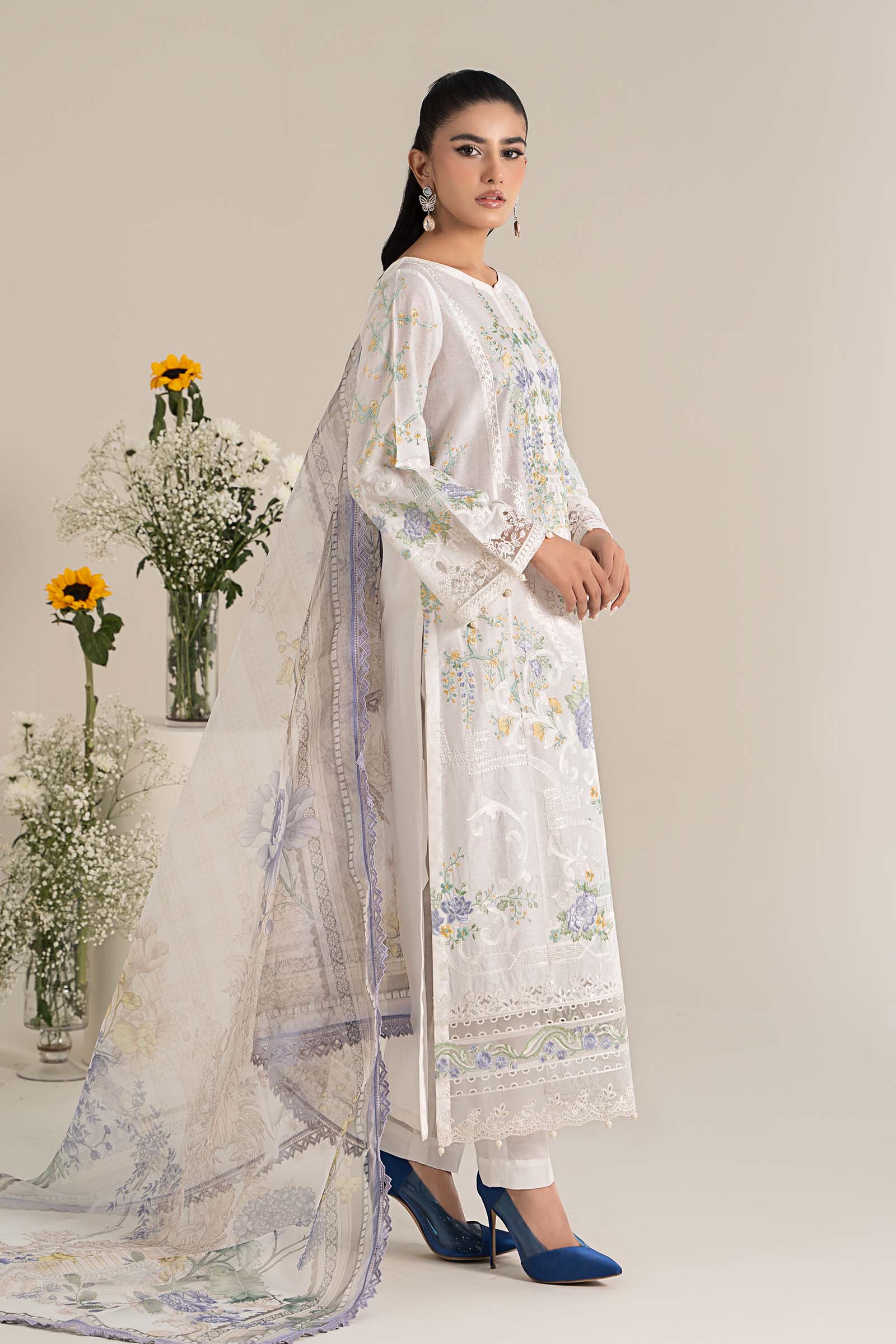 Pakistani Off White Embroidered Self Jacquard Lawn Suit (3-Piece) - Image 6