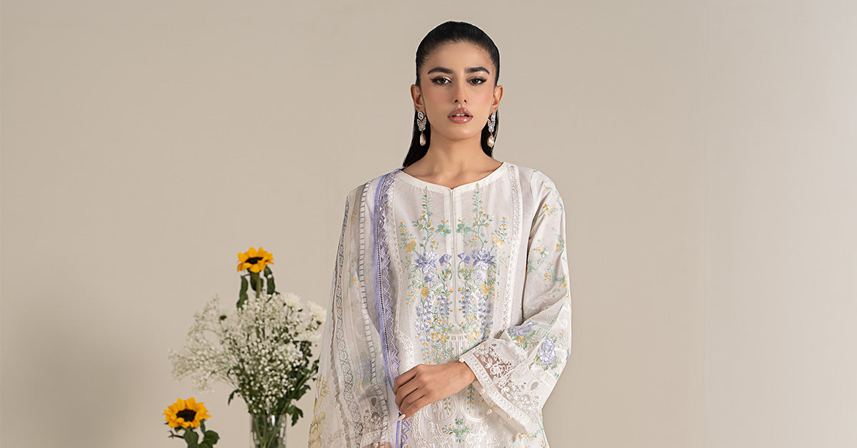 Pakistani Off White Embroidered Self Jacquard Lawn Suit (3-Piece) - Image 8