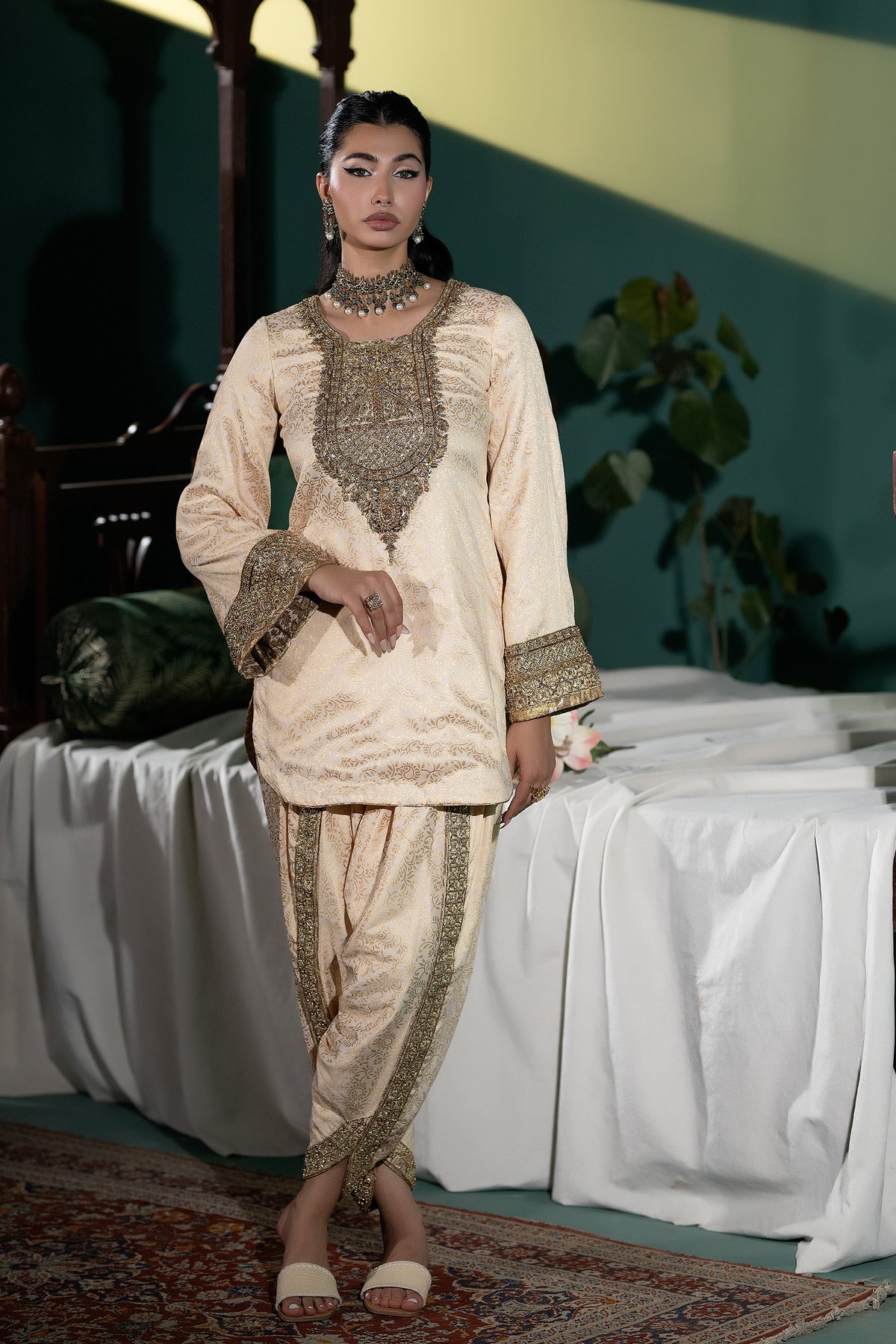 Ivory Embroidered Jacquard Salwar Kameez (3-Piece) - Image 1