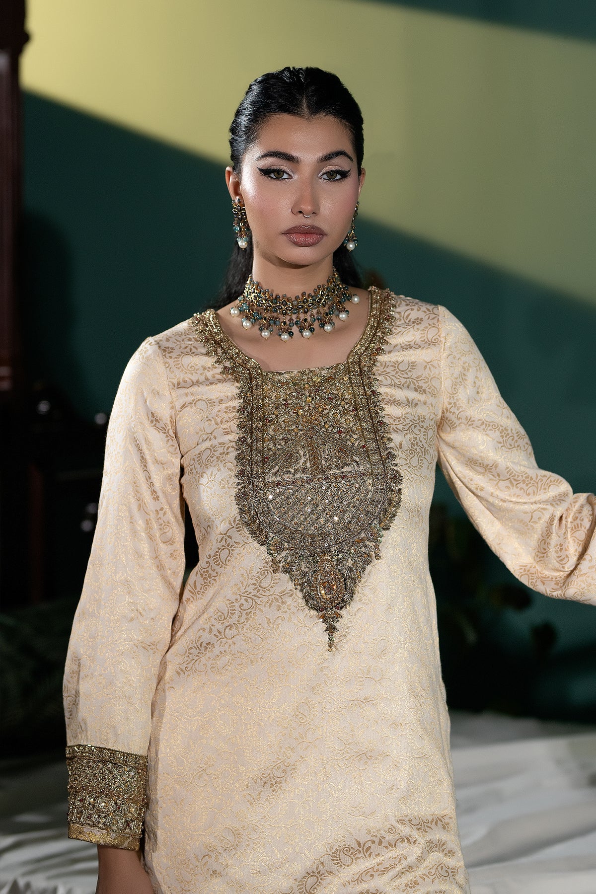 Ivory Embroidered Jacquard Salwar Kameez (3-Piece) - Image 3