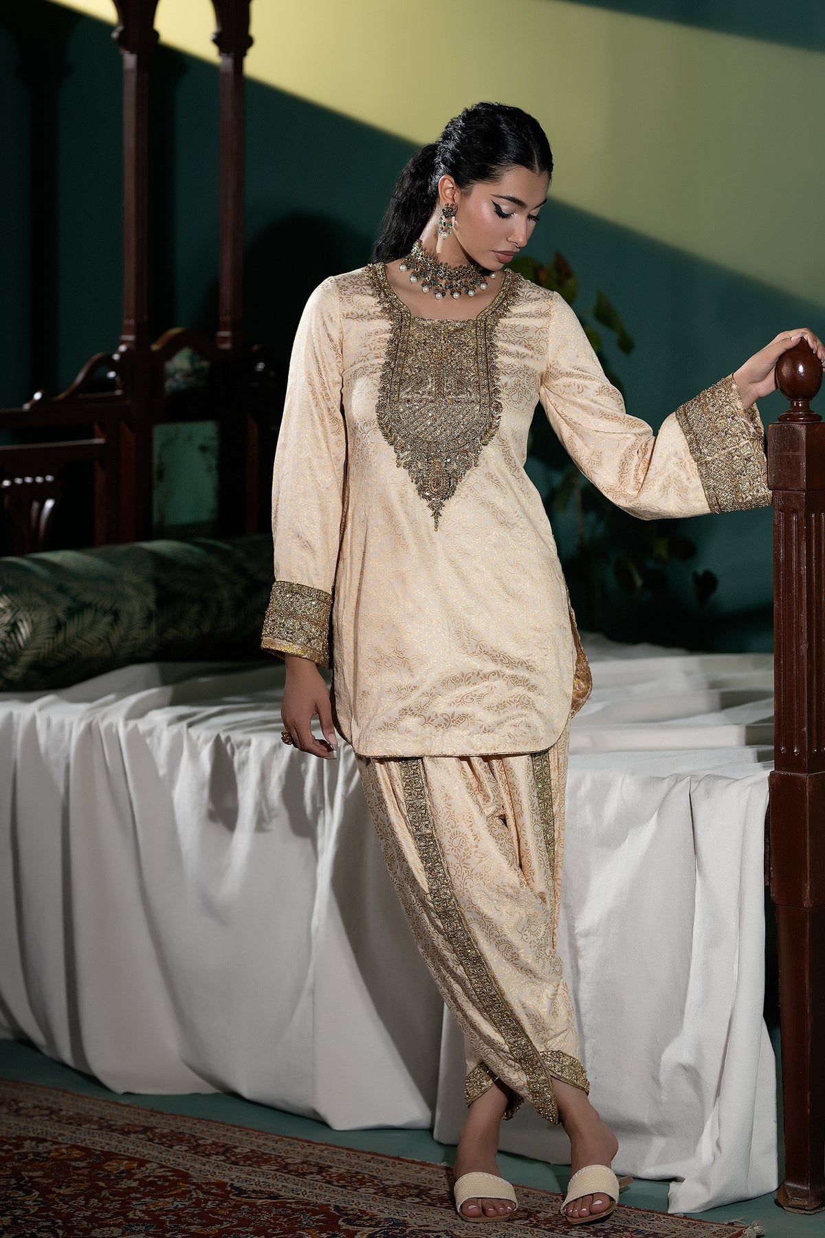 Ivory Embroidered Jacquard Salwar Kameez (3-Piece) - Image 4