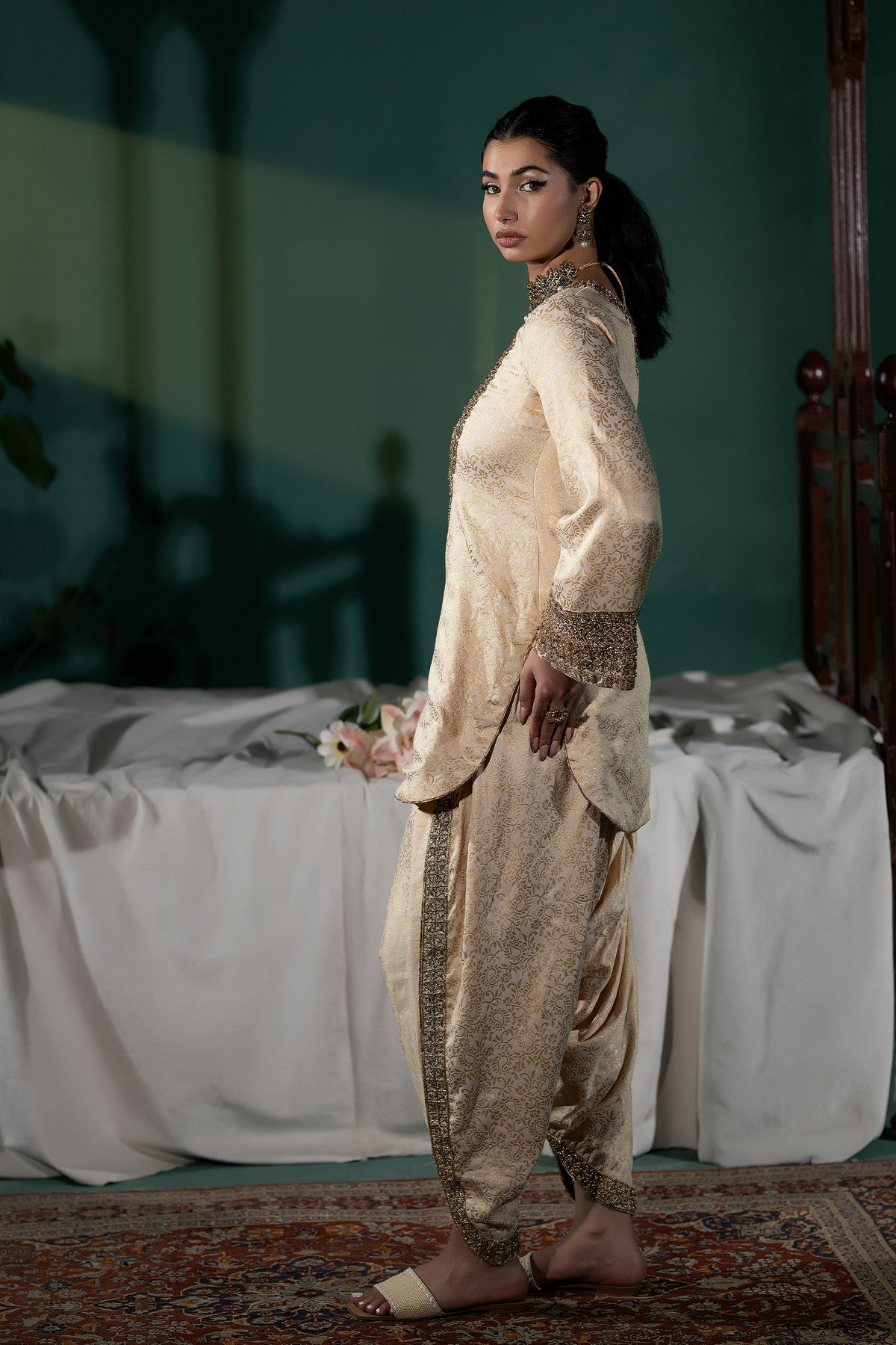 Ivory Embroidered Jacquard Salwar Kameez (3-Piece) - Image 5