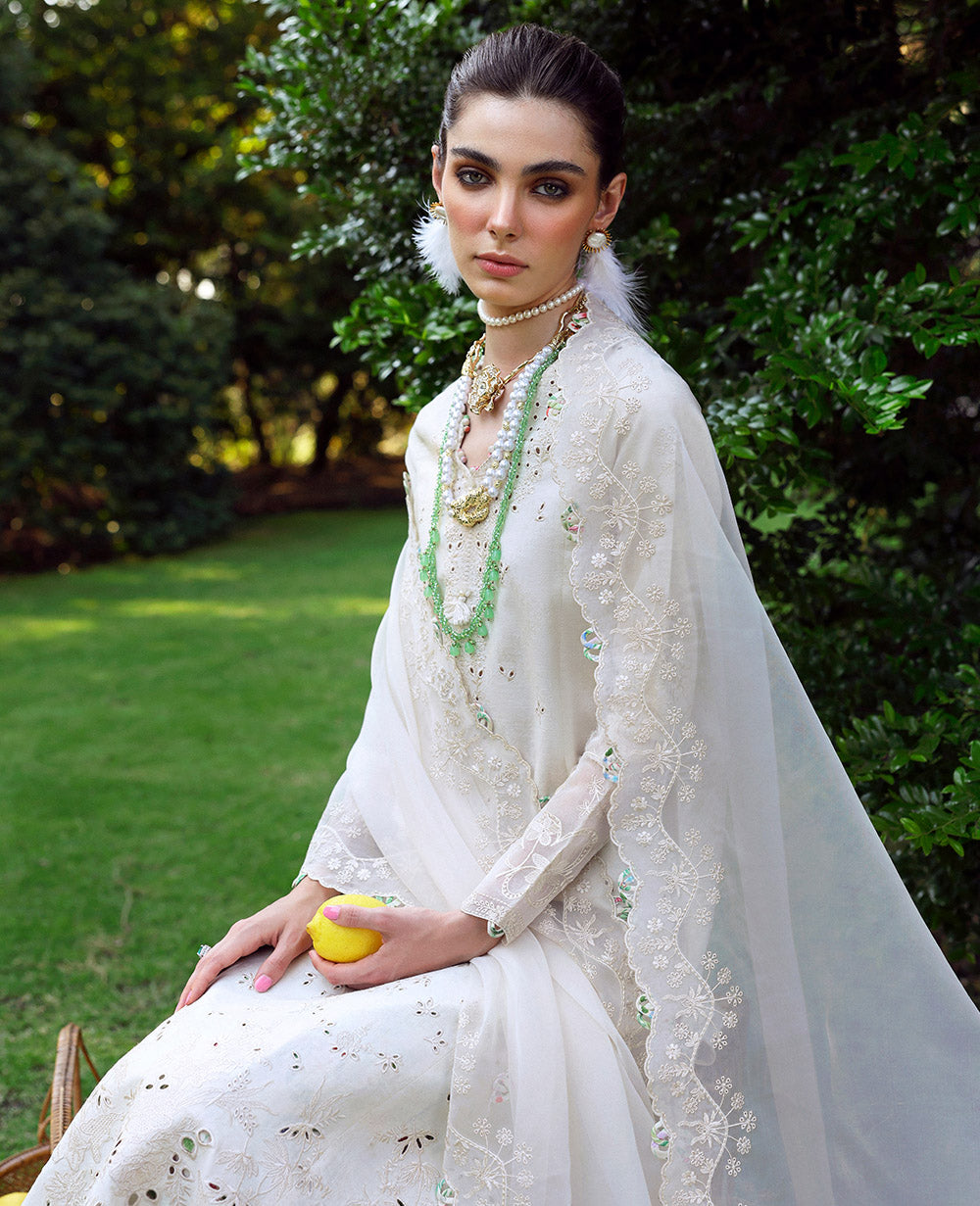 Ivory Embroidered Jacquard Salwar Kameez (3-Piece) - Image 3
