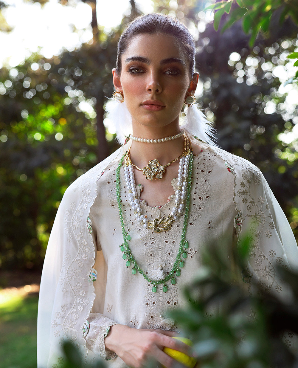 Ivory Embroidered Jacquard Salwar Kameez (3-Piece) - Image 5