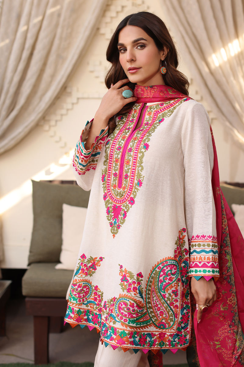 Pakistani Off-White Embroidered Karandi Lawn Salwar Kameez (3-Piece) - Image 2