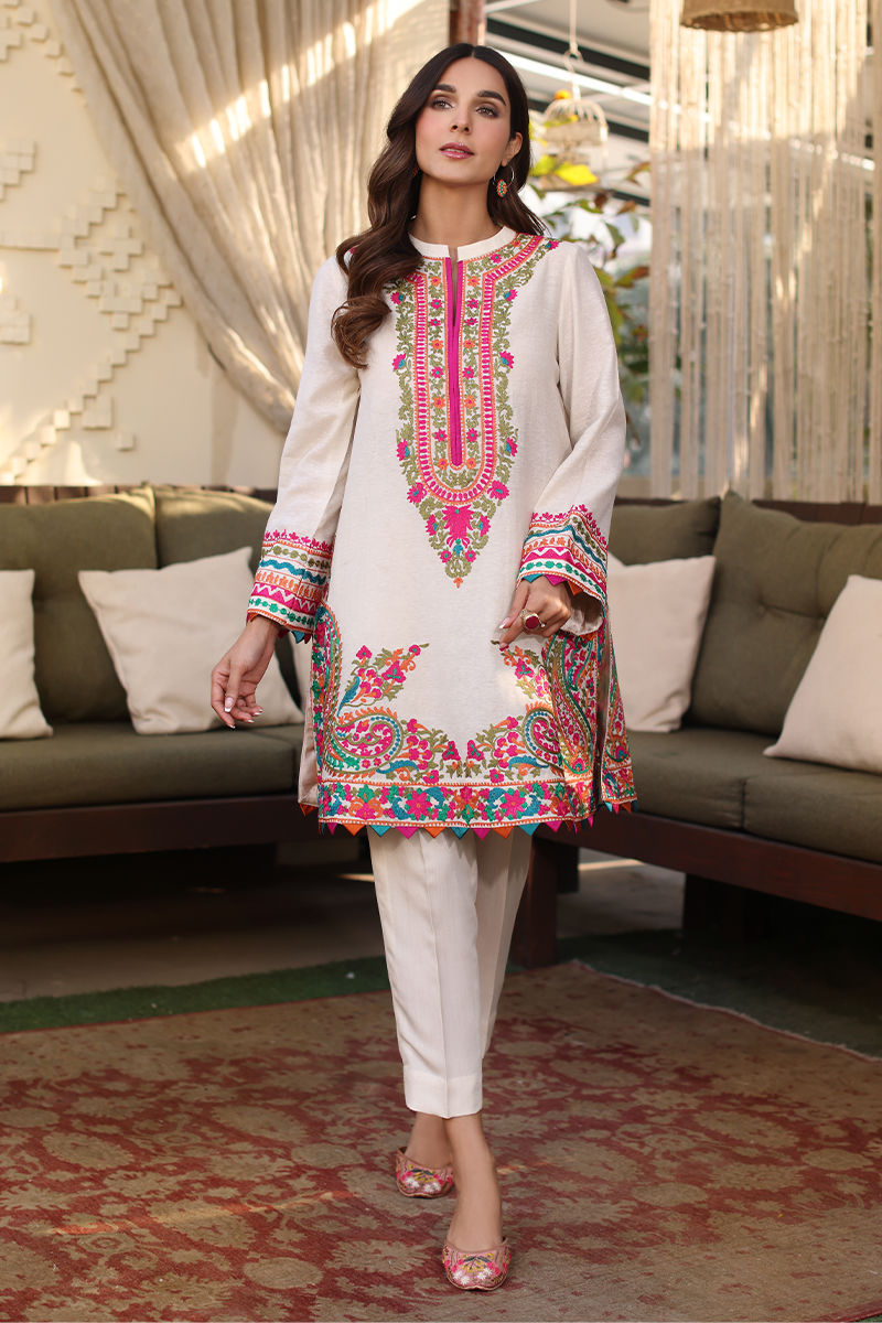 Pakistani Off-White Embroidered Karandi Lawn Salwar Kameez (3-Piece) - Image 3