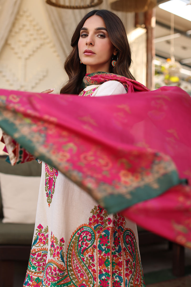 Pakistani Off-White Embroidered Karandi Lawn Salwar Kameez (3-Piece) - Image 5