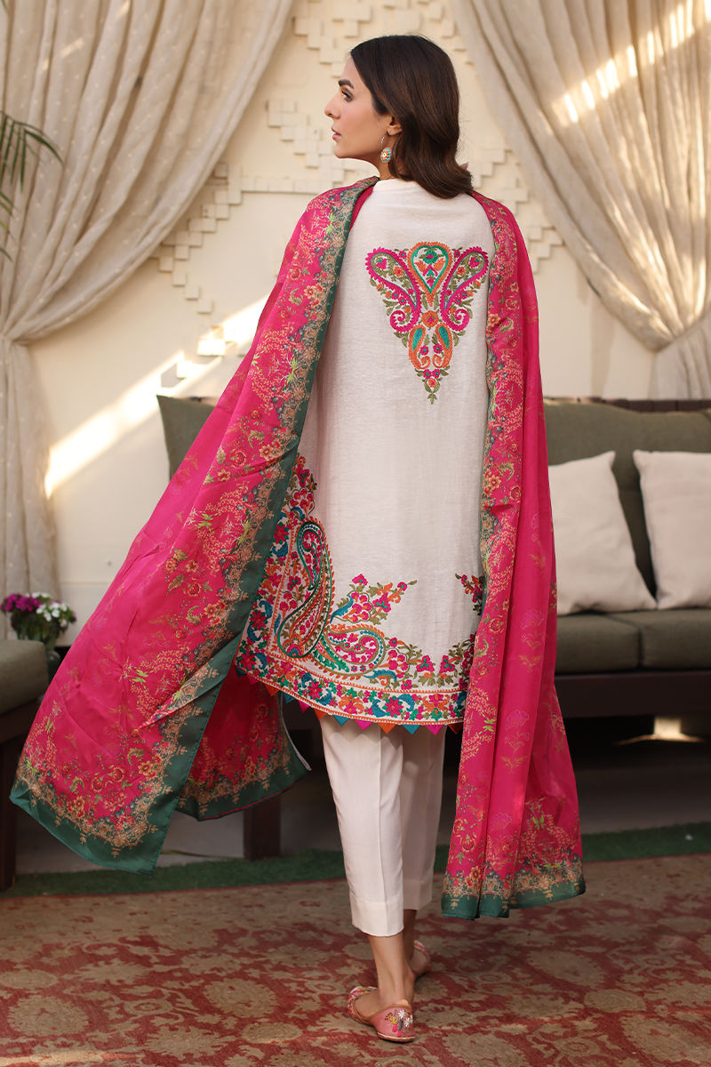 Pakistani Off-White Embroidered Karandi Lawn Salwar Kameez (3-Piece) - Image 7