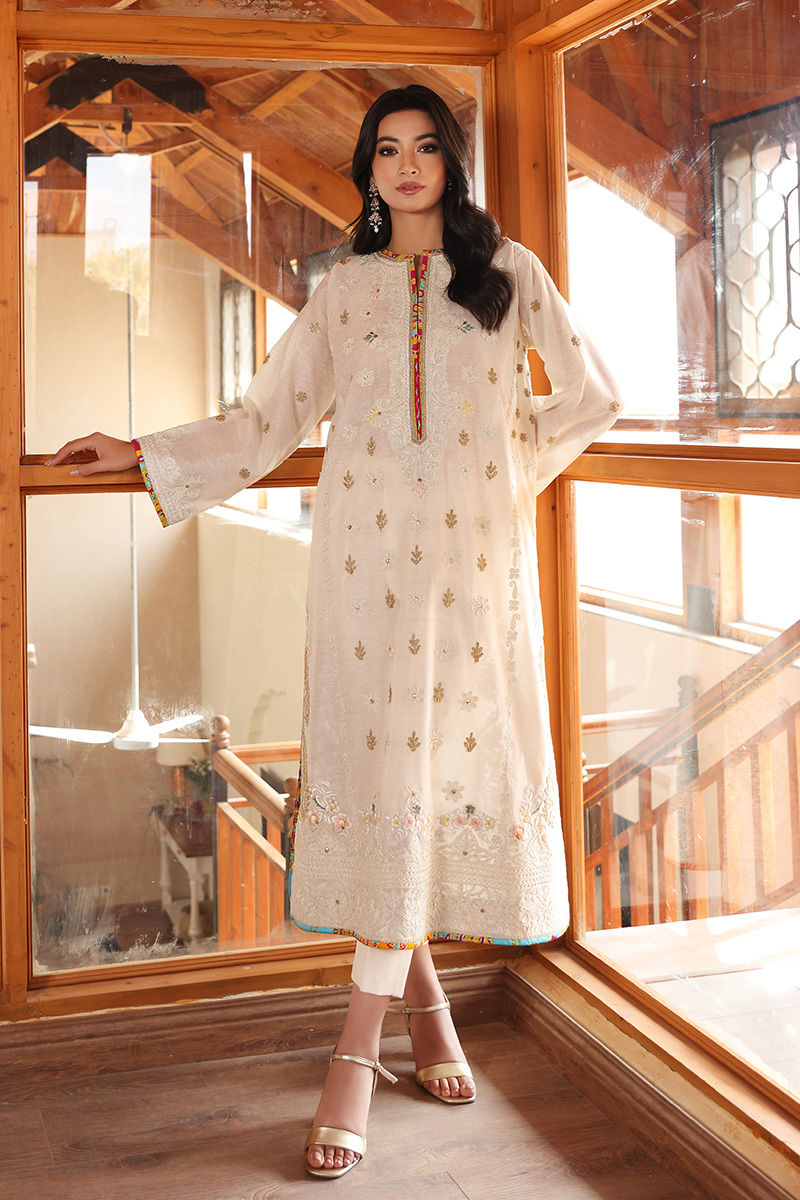 Off-White Embroidered Karandi Lawn Long Shirt (2-Piece) - Image 1
