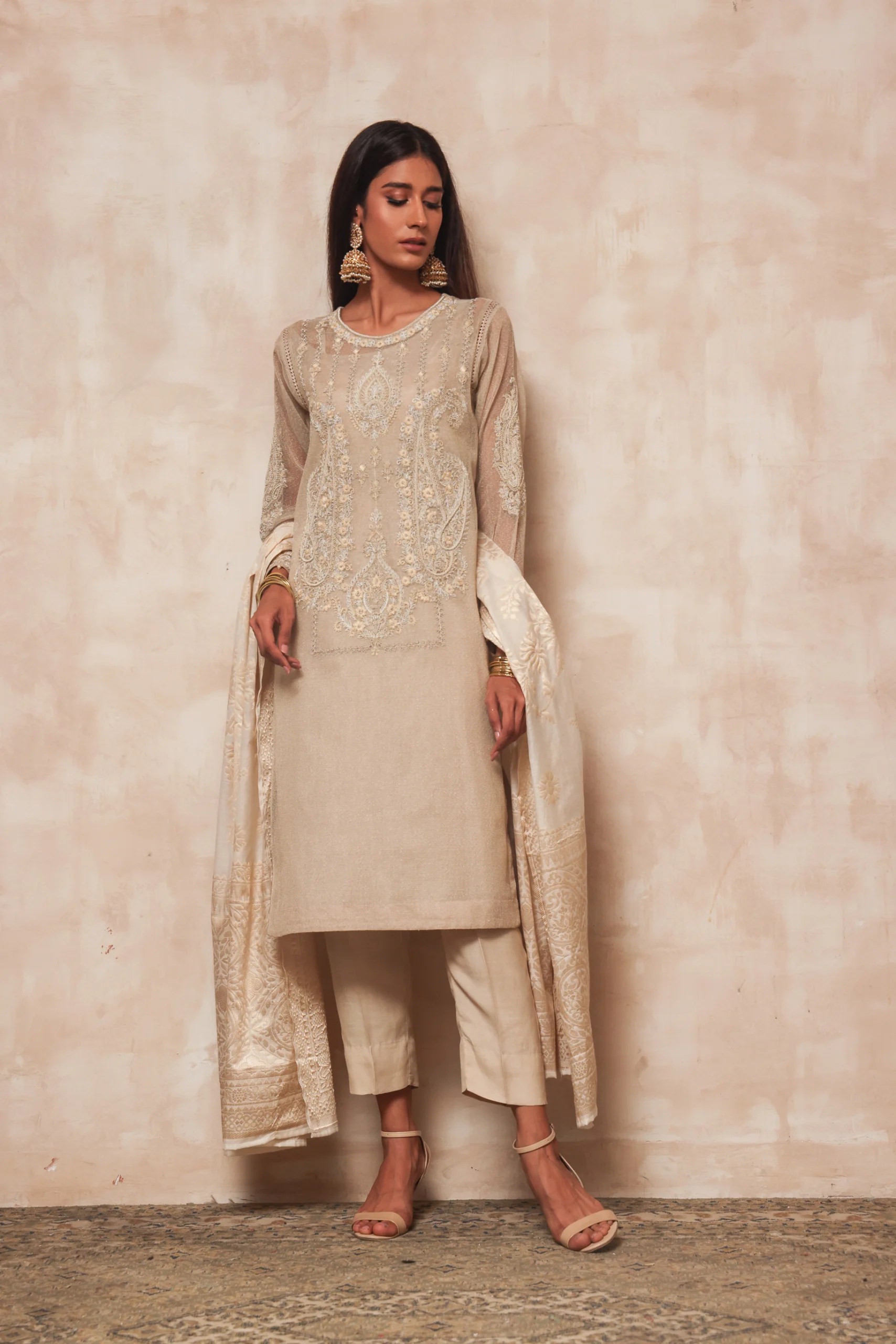 Creme White Embroidered Karandi Khaddi Net Salwar Kameez (3-Piece) - Image 2
