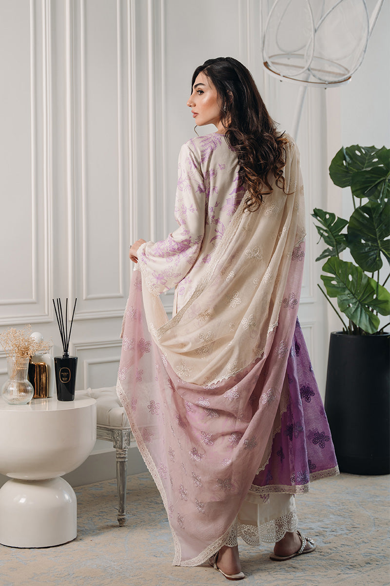 Pakistani Lavender Ivory Printed Khaadi Silk Salwar Kameez (3-Piece) - Image 2