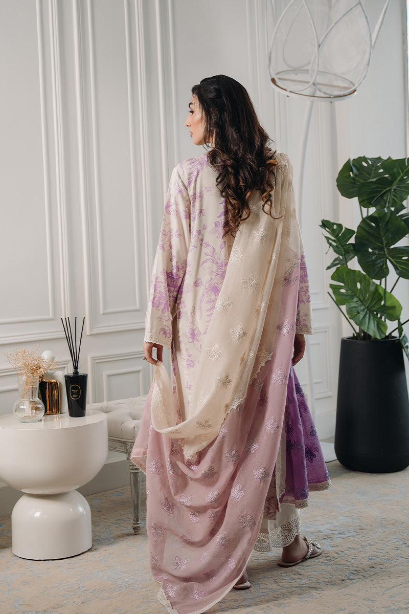 Pakistani Lavender Ivory Printed Khaadi Silk Salwar Kameez (3-Piece) - Image 4