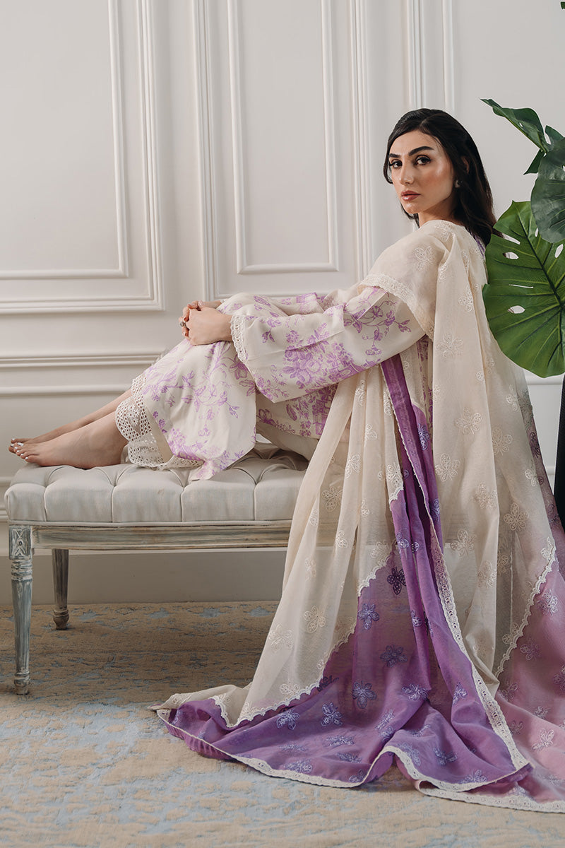 Pakistani Lavender Ivory Printed Khaadi Silk Salwar Kameez (3-Piece) - Image 9