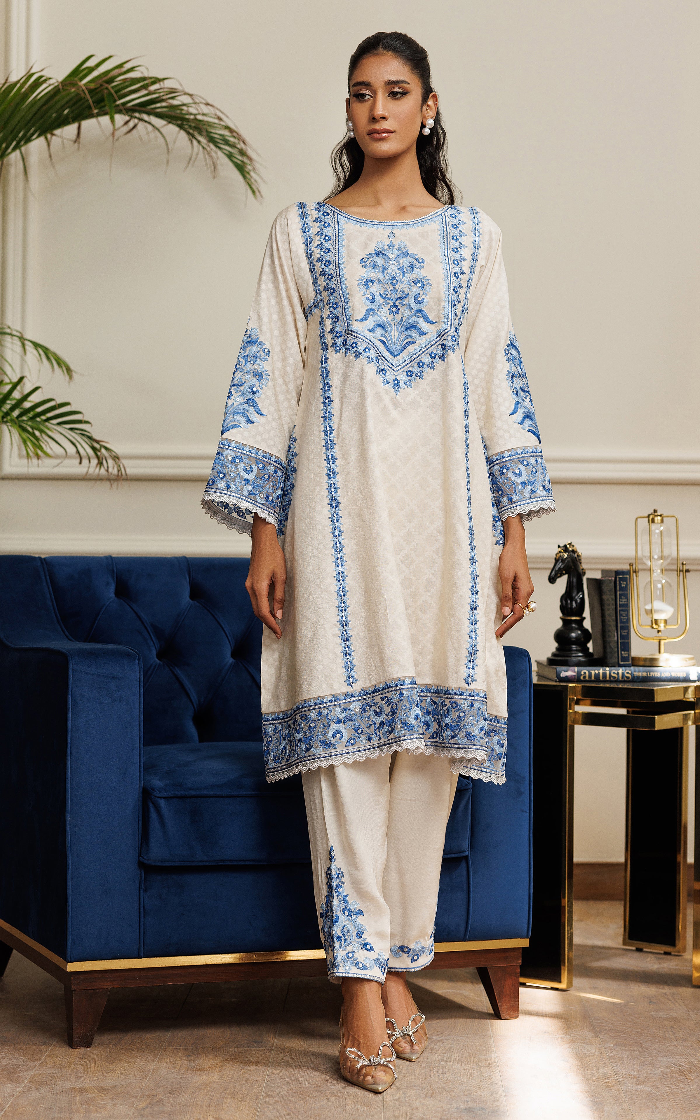 Ivory Blue Embroidered Khaddi Jacquard 2-Piece - Image 1