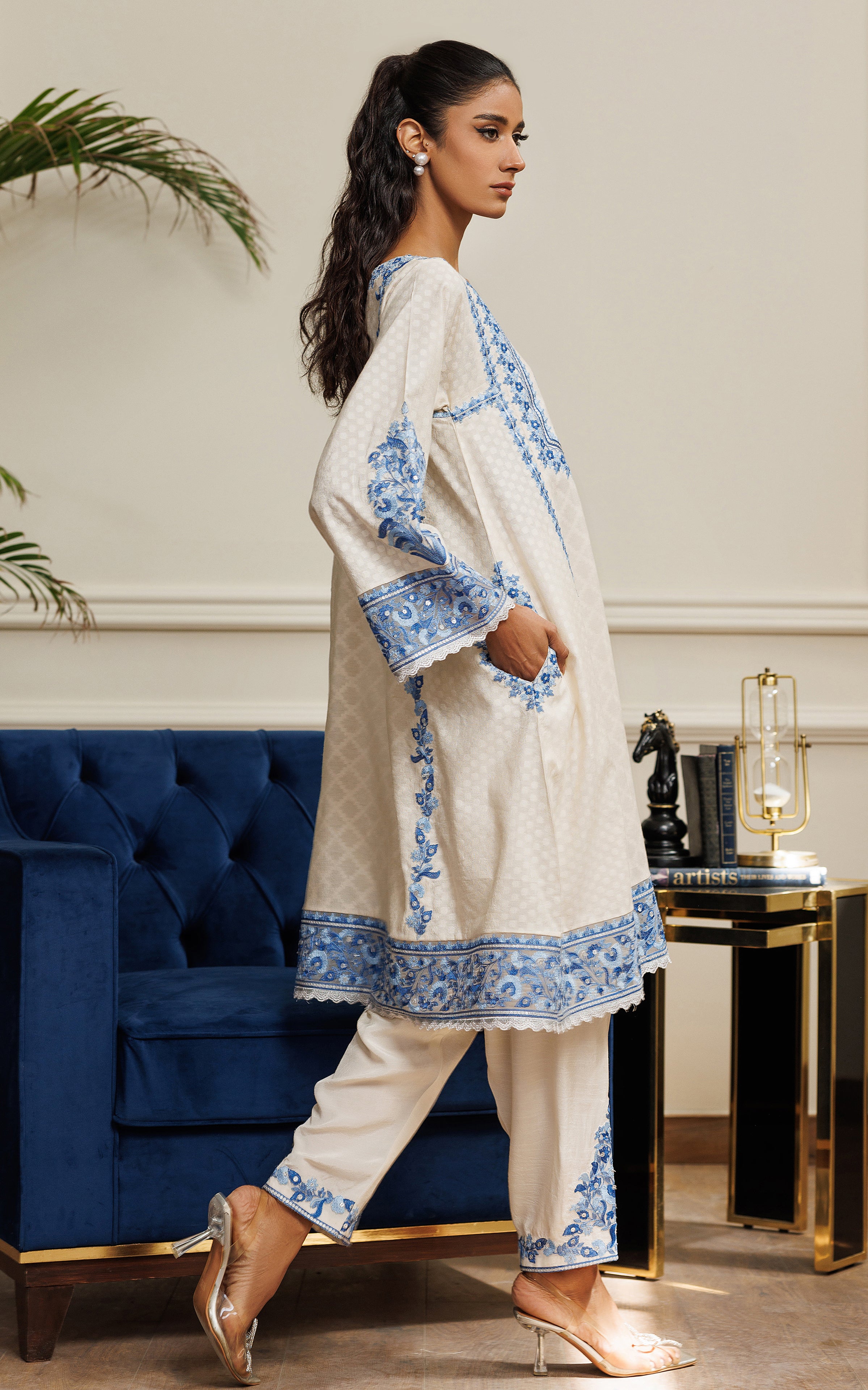 Ivory Blue Embroidered Khaddi Jacquard 2-Piece - Image 2