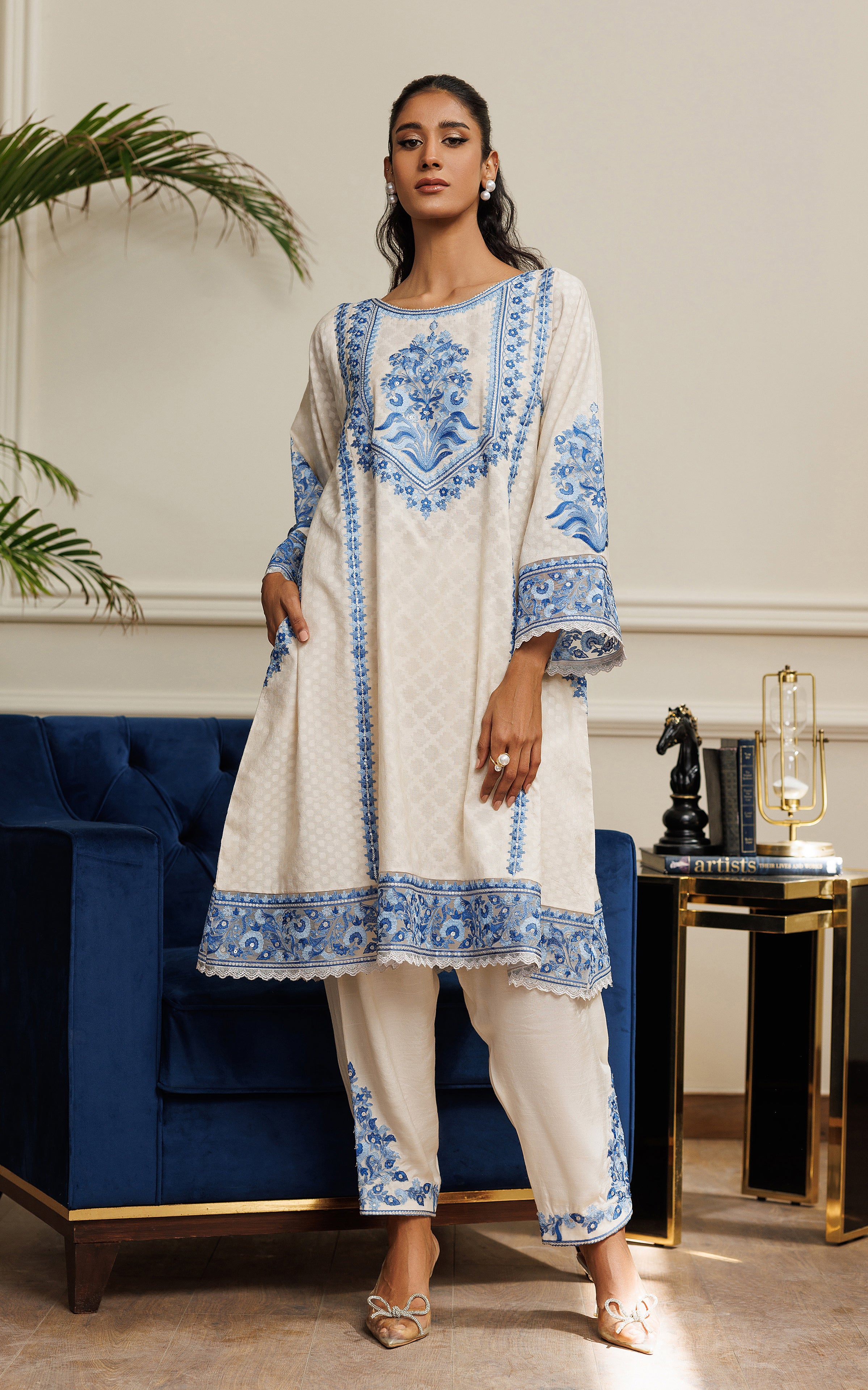 Ivory Blue Embroidered Khaddi Jacquard 2-Piece - Image 3