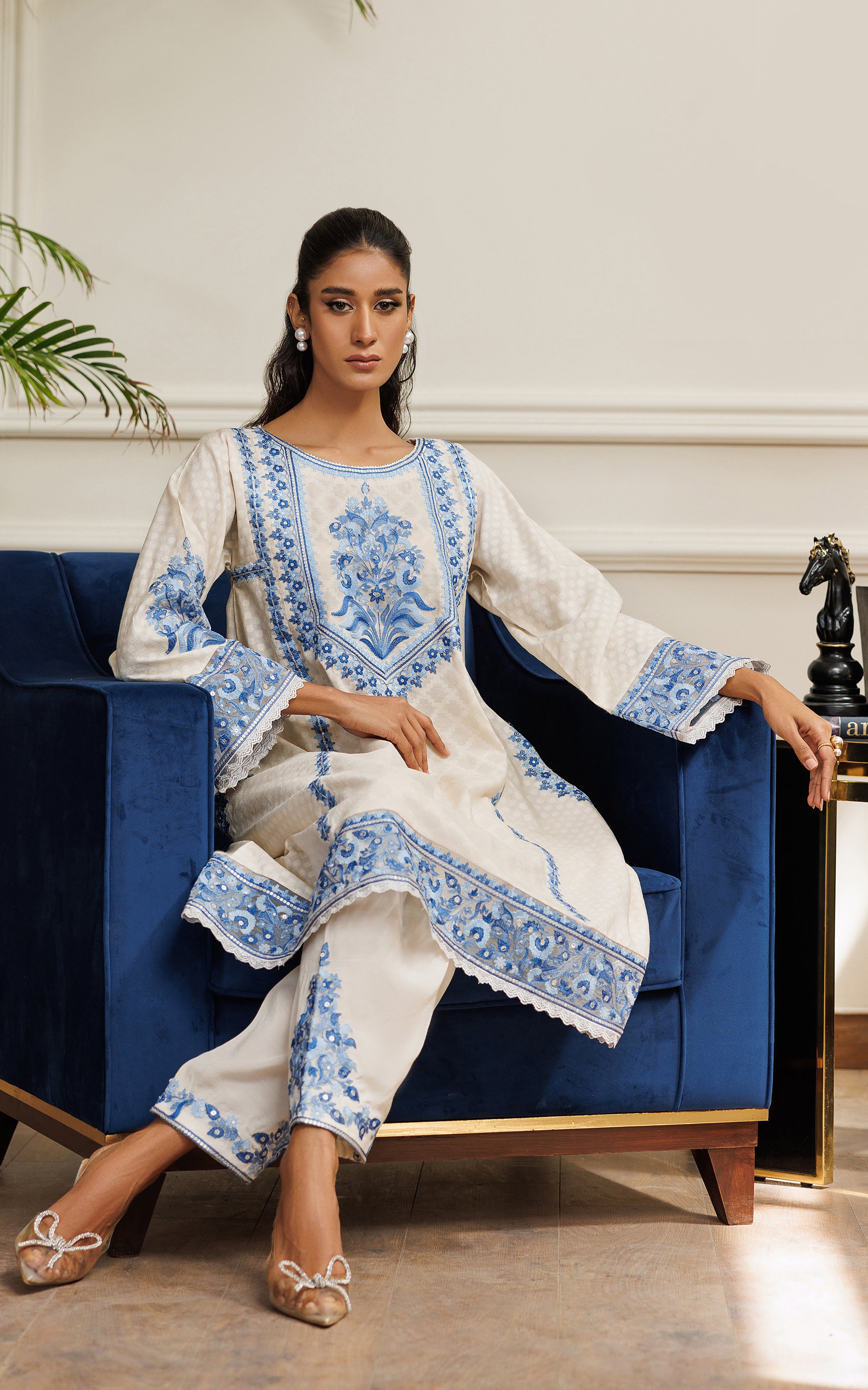Ivory Blue Embroidered Khaddi Jacquard 2-Piece - Image 4
