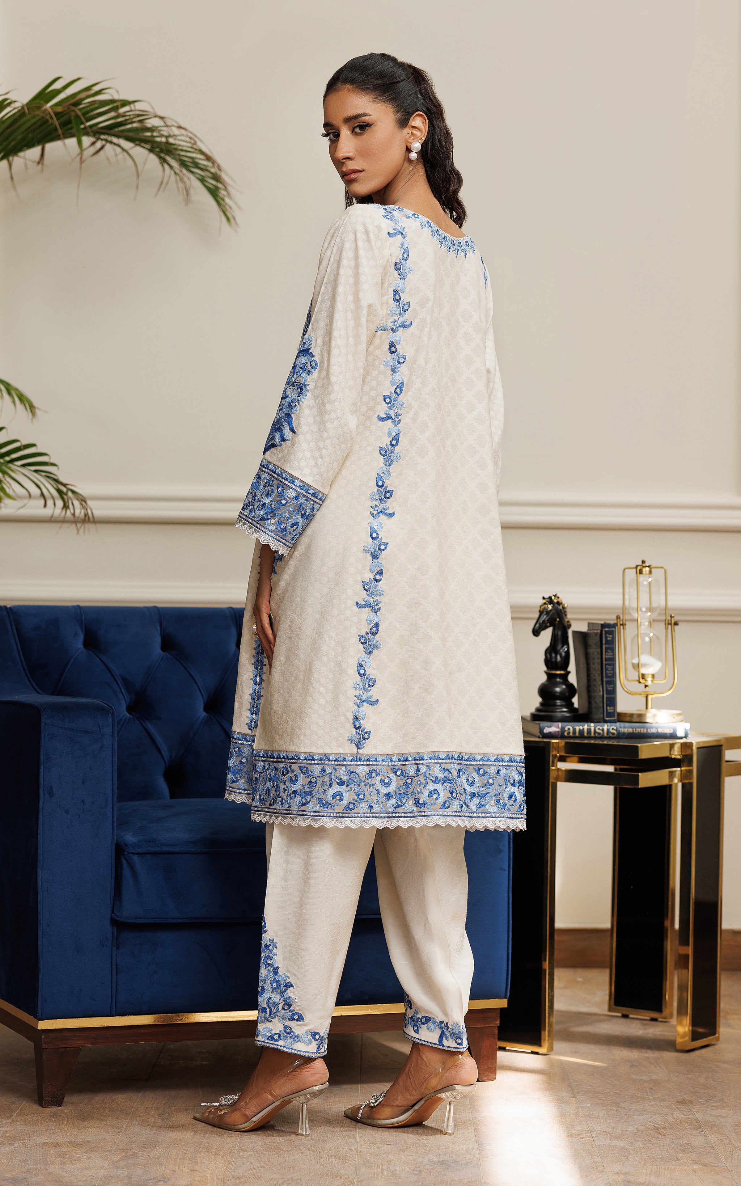 Ivory Blue Embroidered Khaddi Jacquard 2-Piece - Image 6