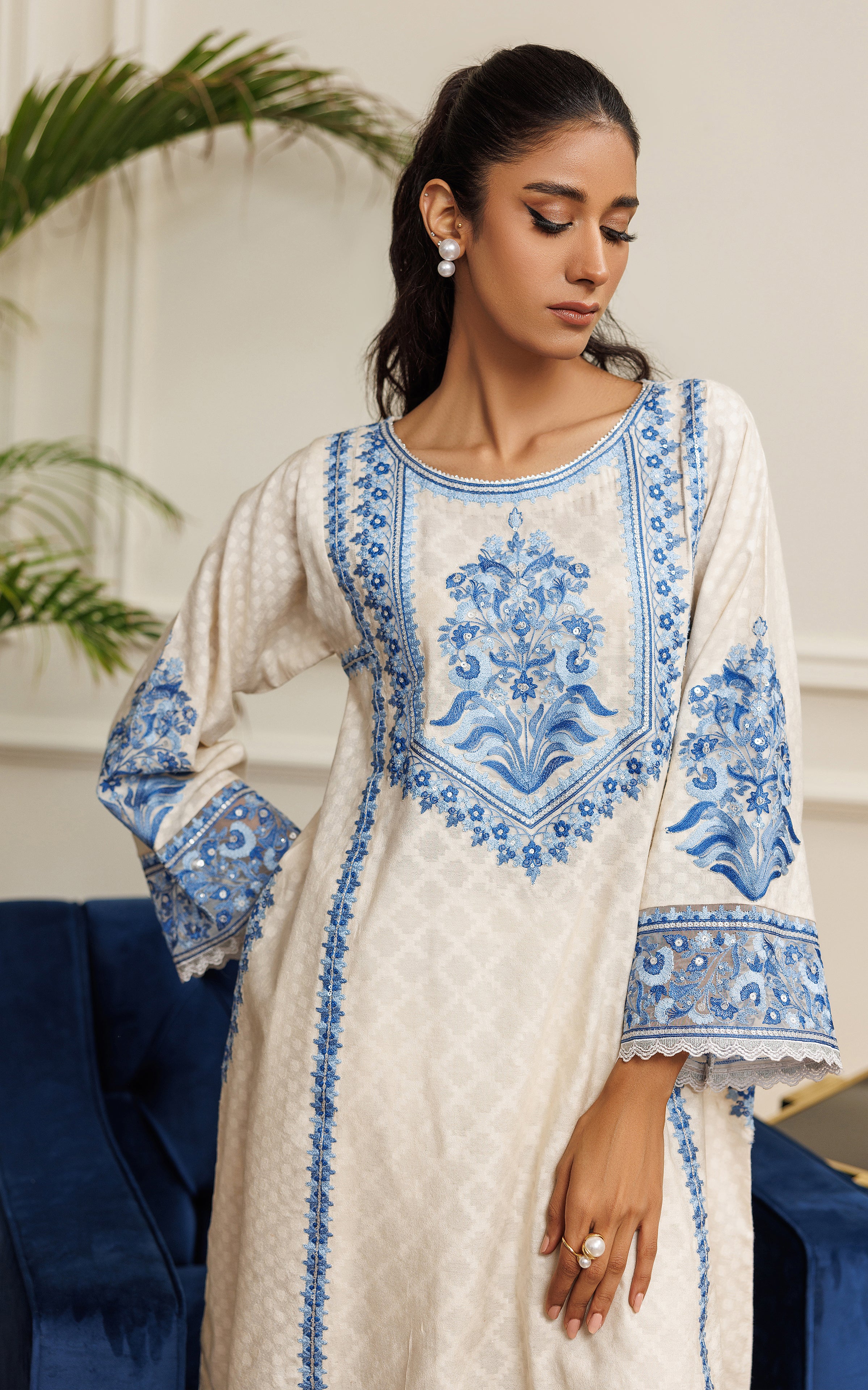 Ivory Blue Embroidered Khaddi Jacquard 2-Piece - Image 7