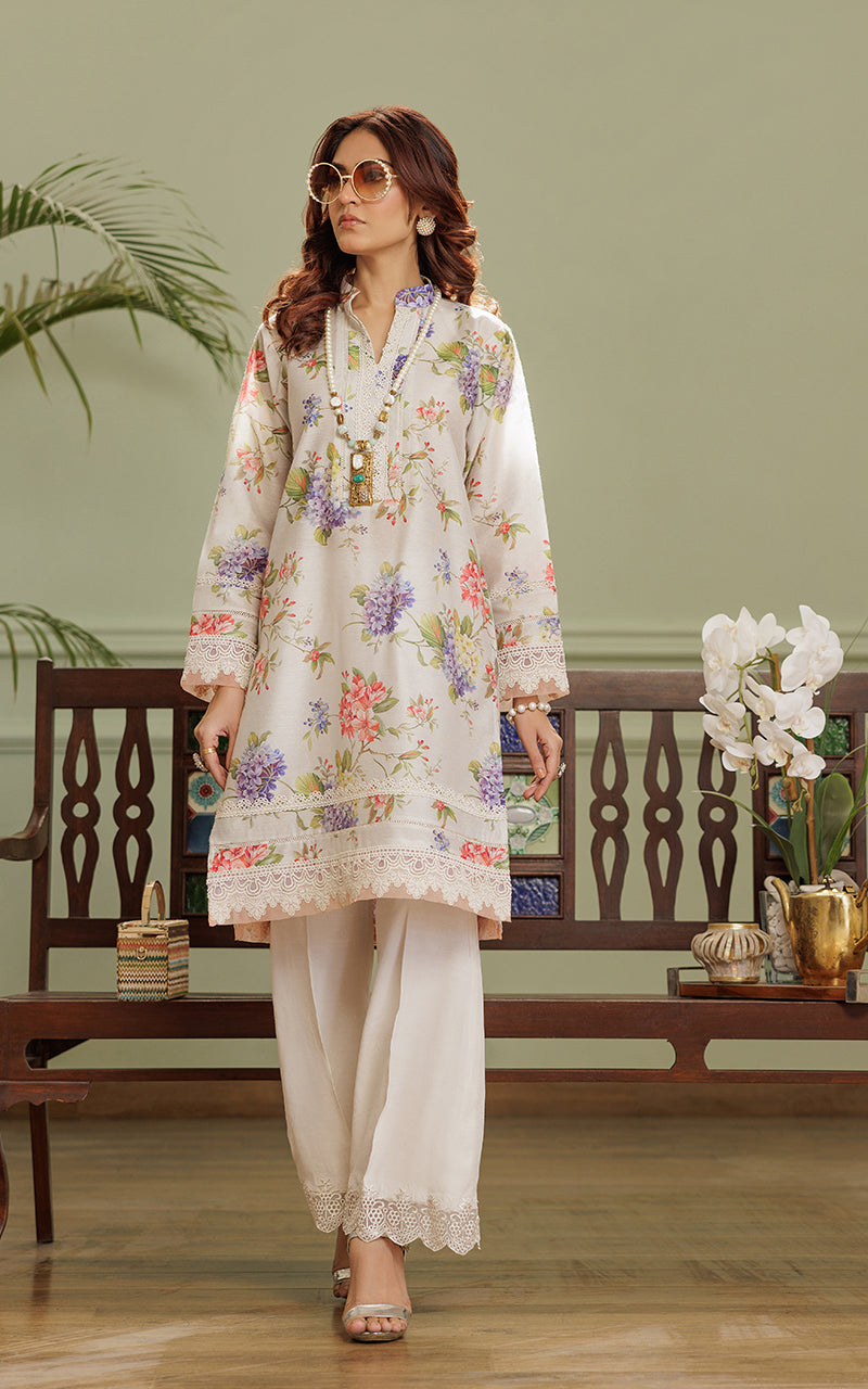 Pakistani Ivory Floral Embroidered Khaddi Net Salwar Kameez (2-Piece) - Image 1