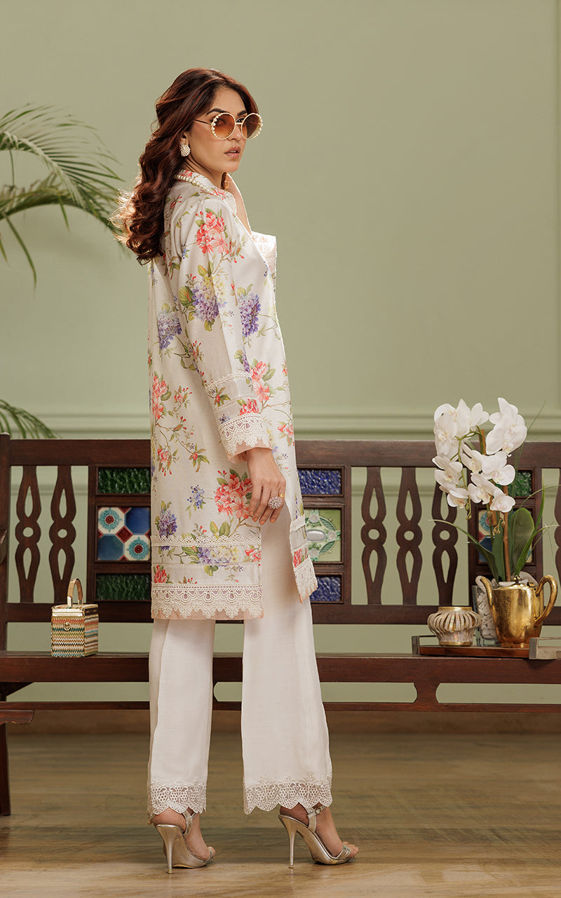 Pakistani Ivory Floral Embroidered Khaddi Net Salwar Kameez (2-Piece) - Image 6