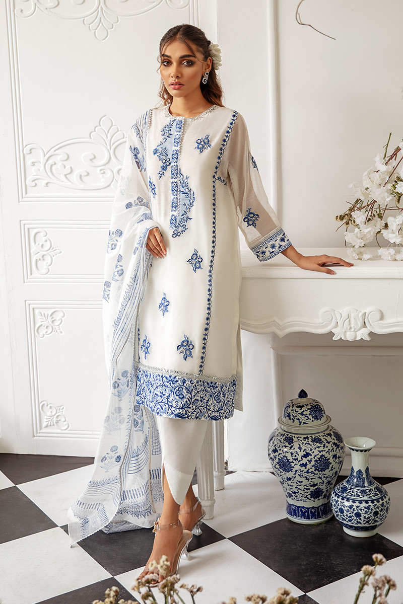 Pakistani Ivory Blue Embroidered Khaddi Net Kurta Set (3-Piece) - Image 1