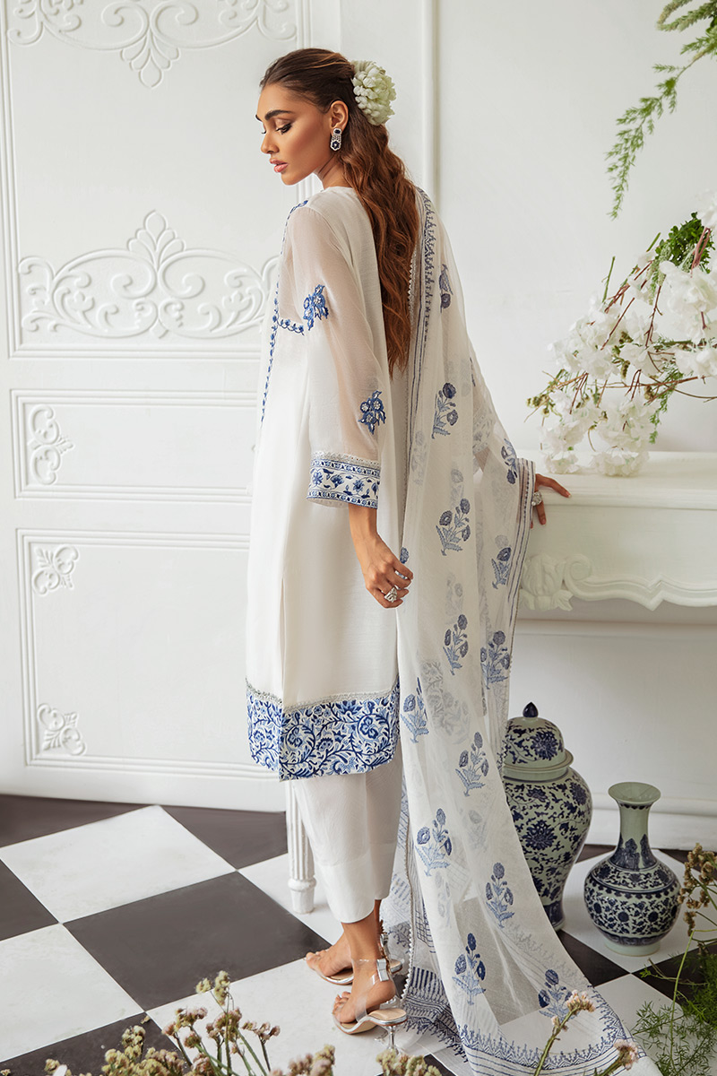 Pakistani Ivory Blue Embroidered Khaddi Net Kurta Set (3-Piece) - Image 8