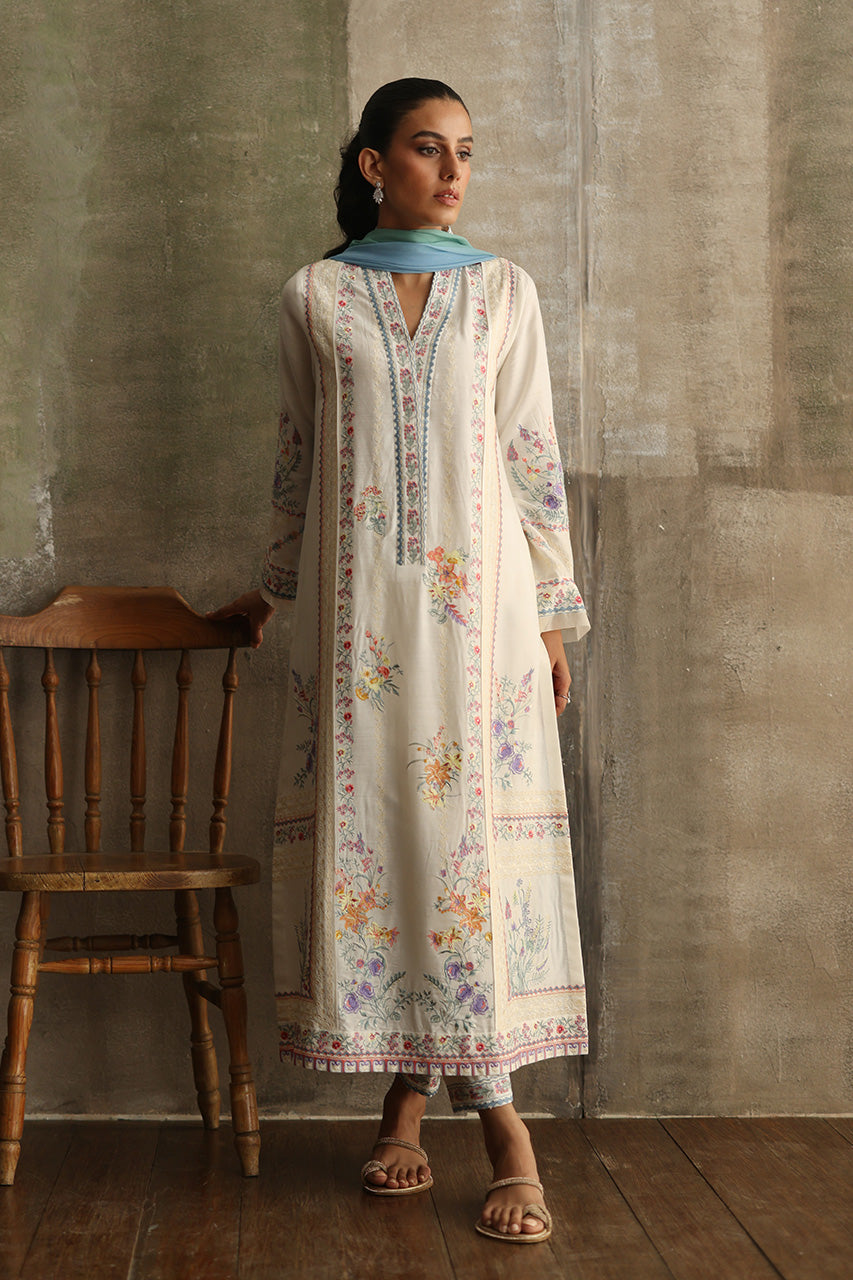 Pakistani Ivory Floral Embroidered Khaddi Silk Salwar Kameez (3-Piece) - Image 1
