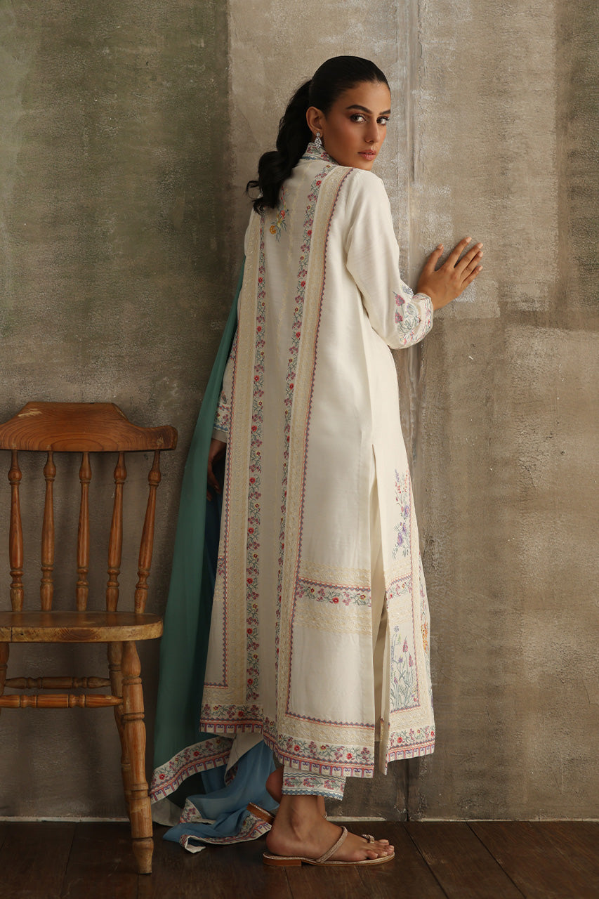 Pakistani Ivory Floral Embroidered Khaddi Silk Salwar Kameez (3-Piece) - Image 4