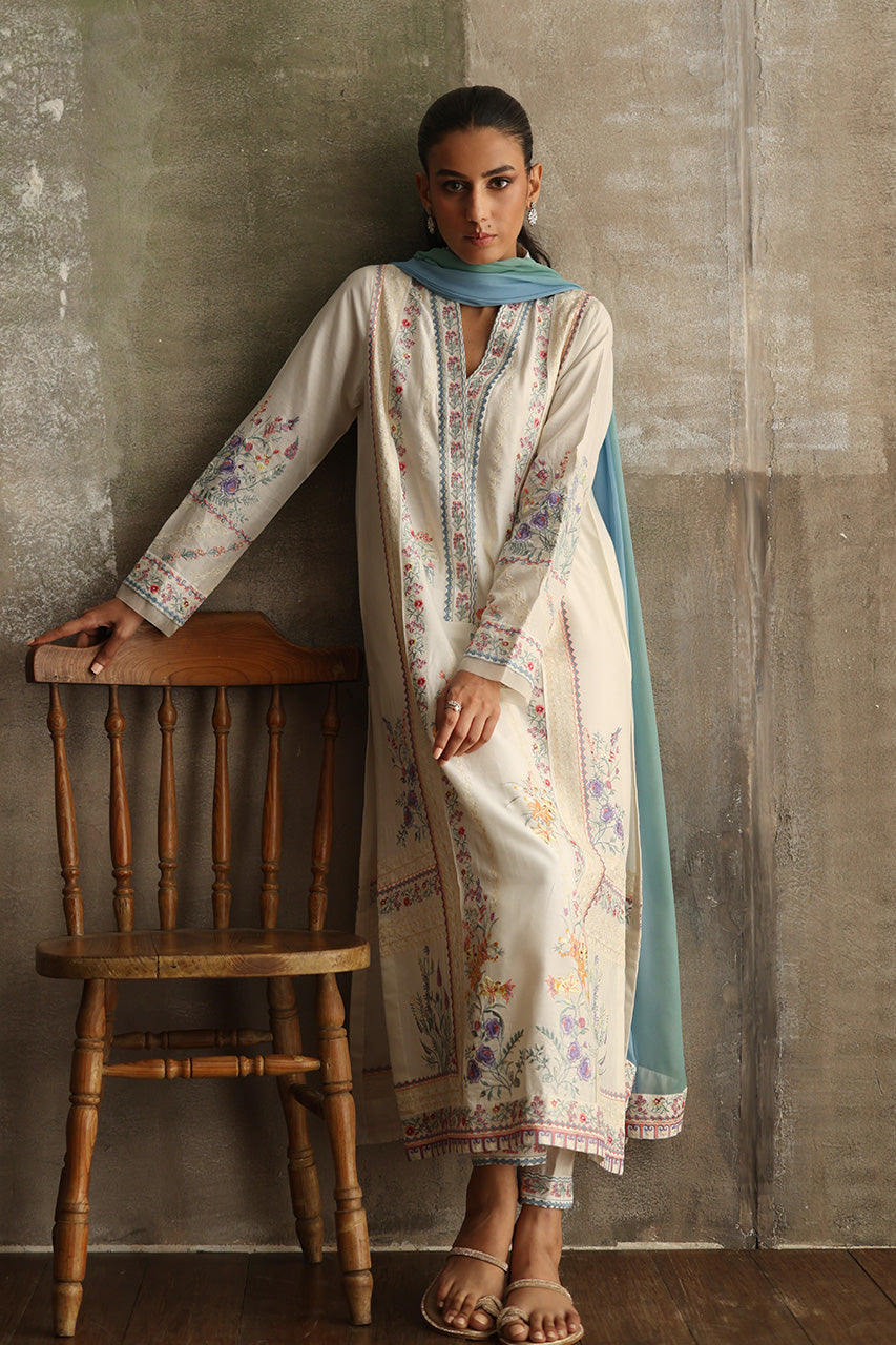 Pakistani Ivory Floral Embroidered Khaddi Silk Salwar Kameez (3-Piece) - Image 5
