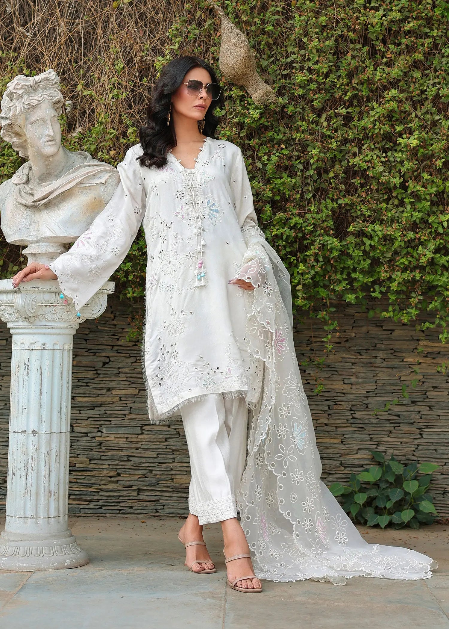Pakistani Ivory Embroidered Khadi Silk Salwar Kameez (3-Piece) - Image 1