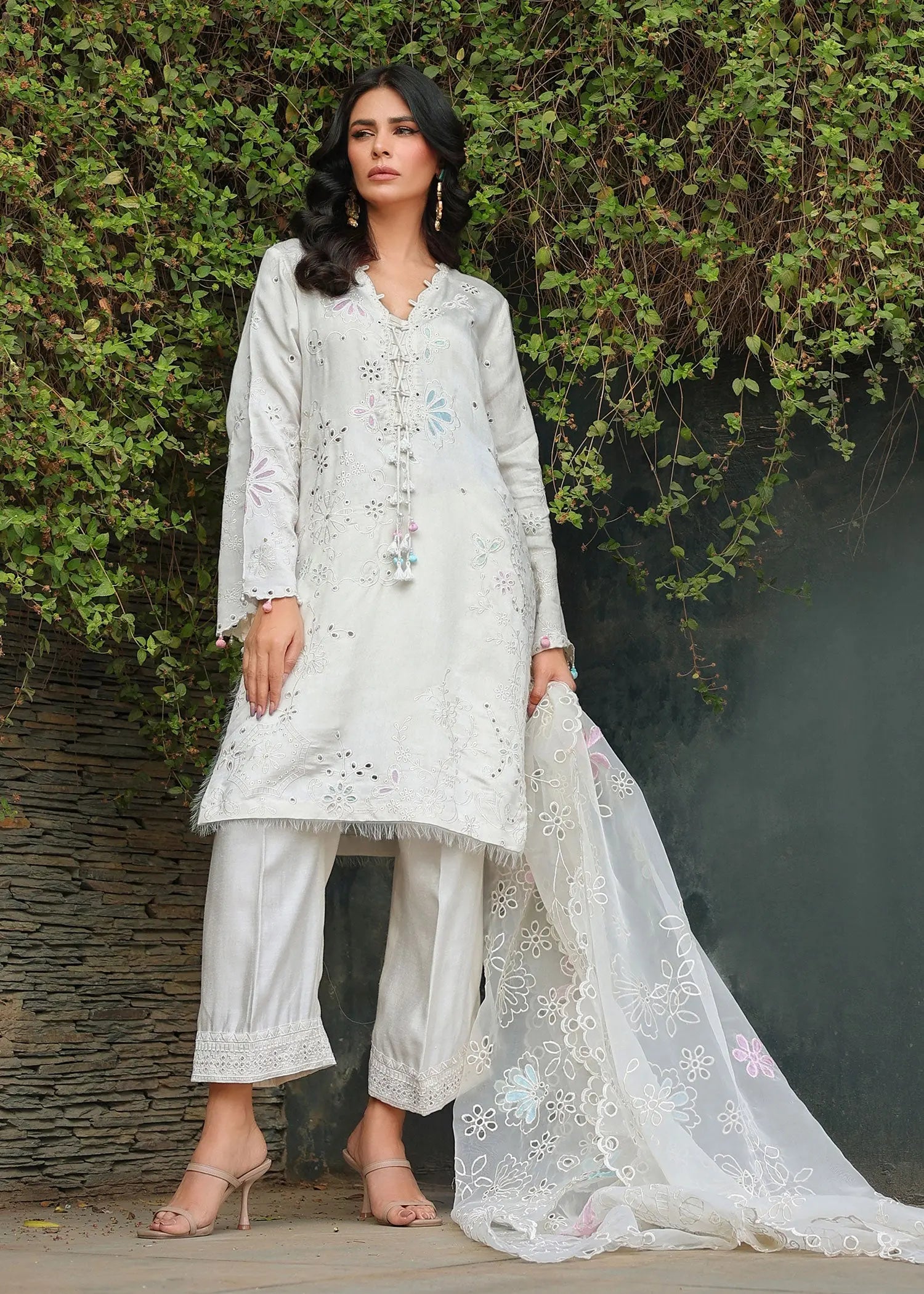 Pakistani Ivory Embroidered Khadi Silk Salwar Kameez (3-Piece) - Image 6