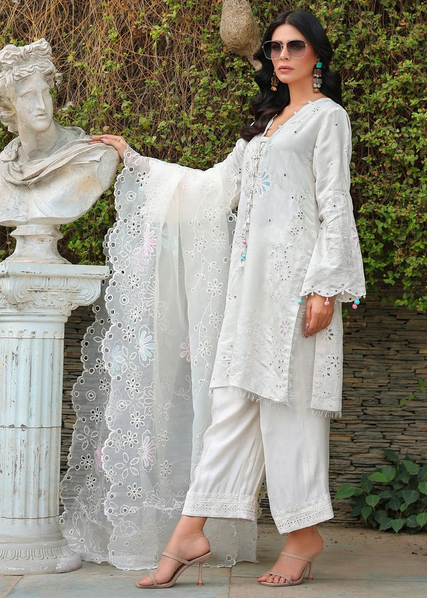 Pakistani Ivory Embroidered Khadi Silk Salwar Kameez (3-Piece) - Image 7