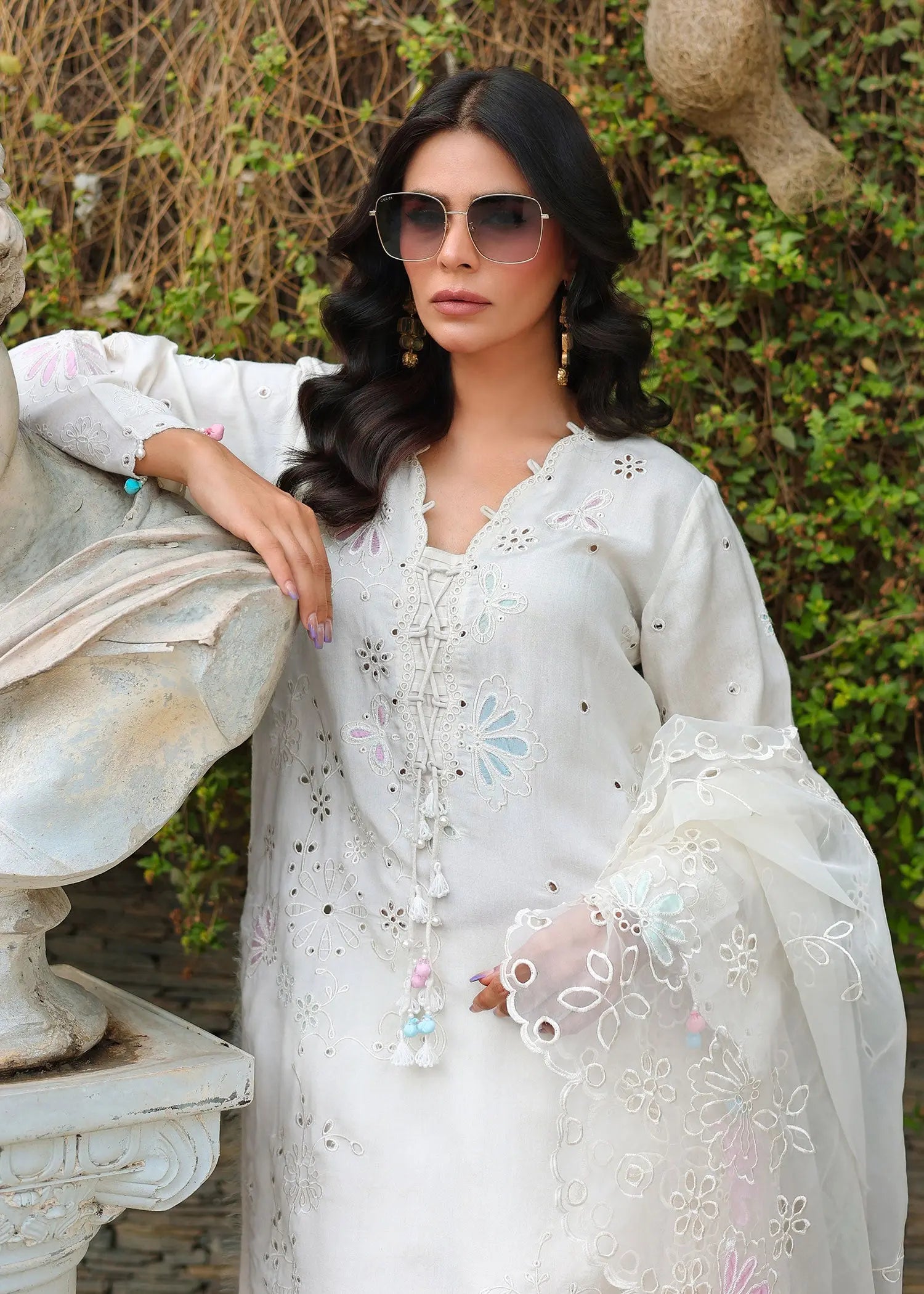 Pakistani Ivory Embroidered Khadi Silk Salwar Kameez (3-Piece) - Image 8