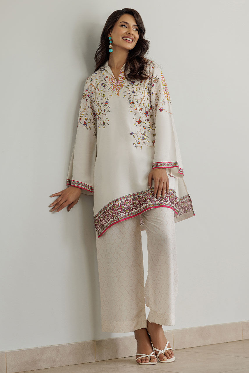 Ivory Printed Korean Silk Co-ord Set (2-Piece) - Image 1