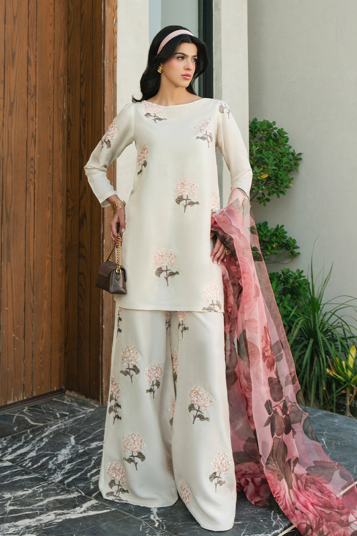 Pakistani Ivory Embroidered Korean Silk Kurta Set (3-Piece) - Image 1