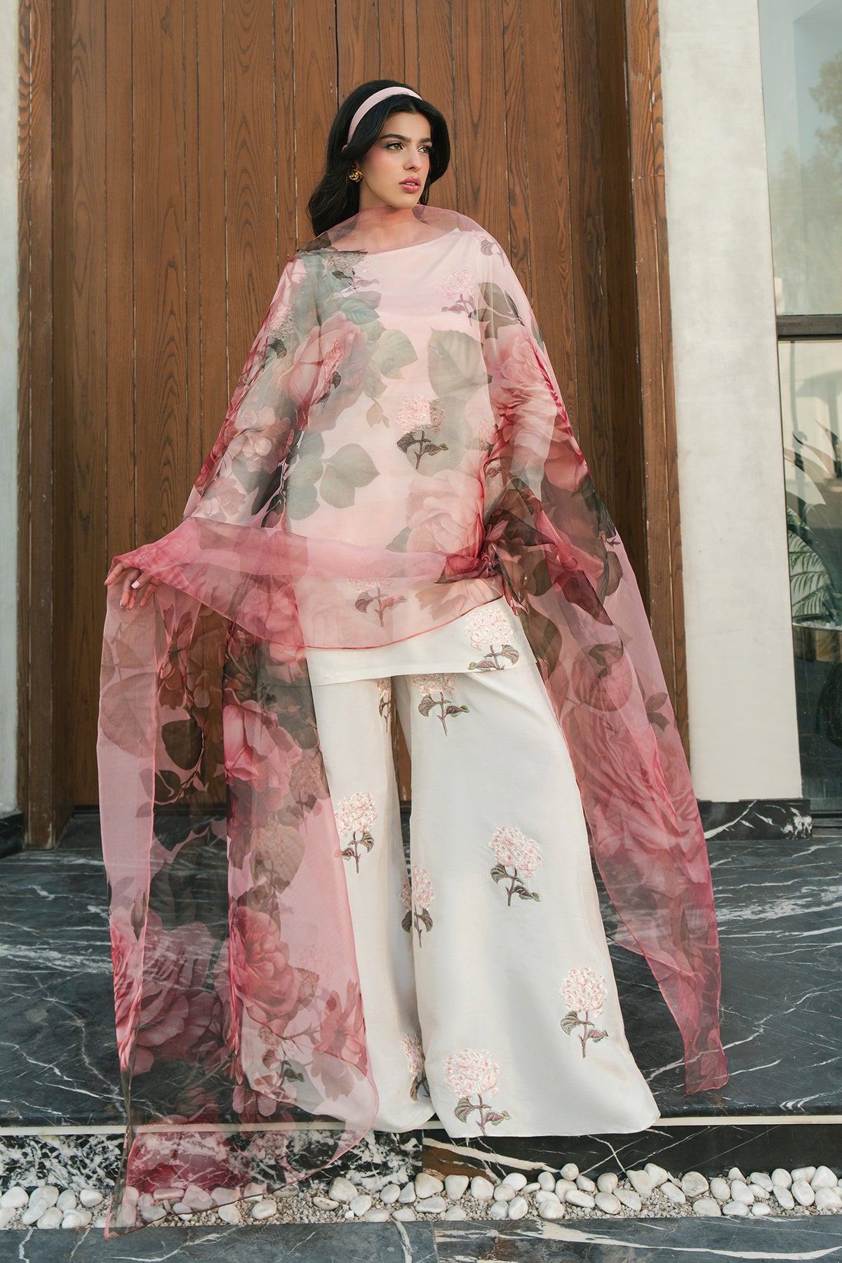 Pakistani Ivory Embroidered Korean Silk Kurta Set (3-Piece) - Image 6