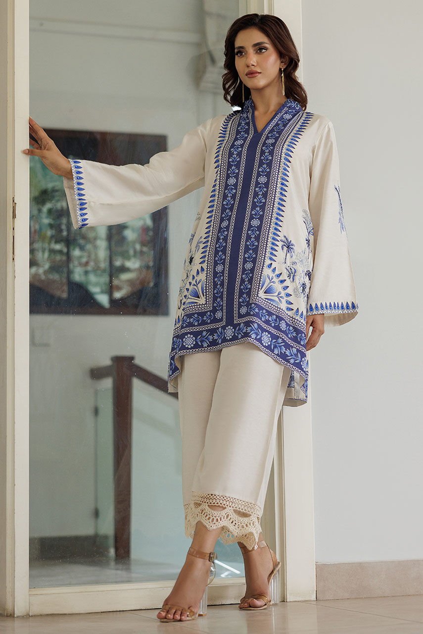 Ivory Azure Embroidered Korean Silk Co-ord Set (2-Piece) - Image 1