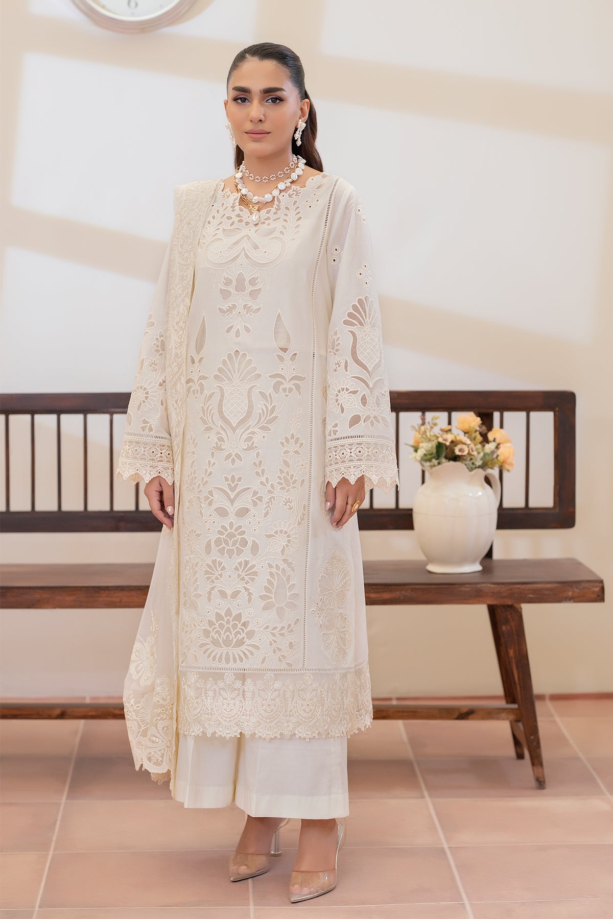 Pakistani Off-White Embroidered Lawn 3-Piece Suit - Image 1