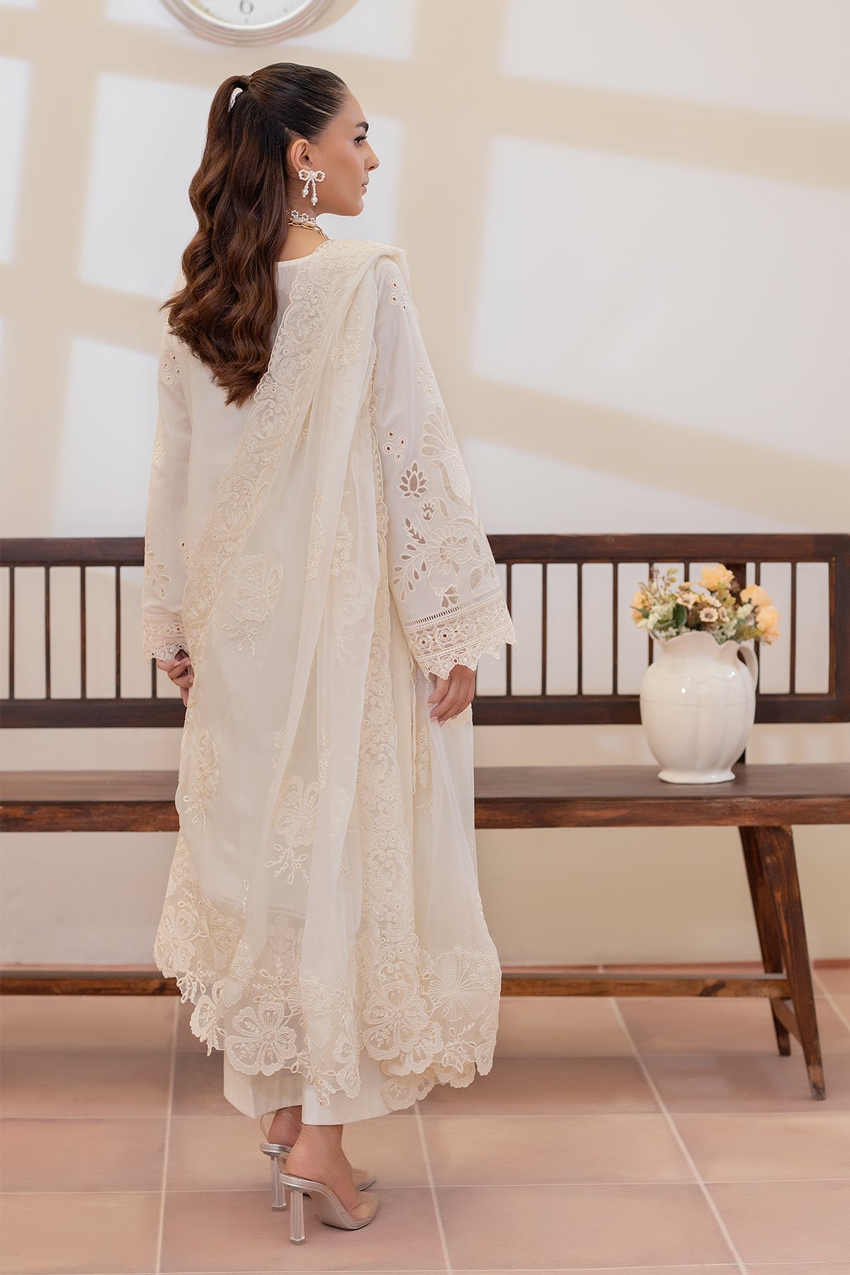 Pakistani Off-White Embroidered Lawn 3-Piece Suit - Image 2