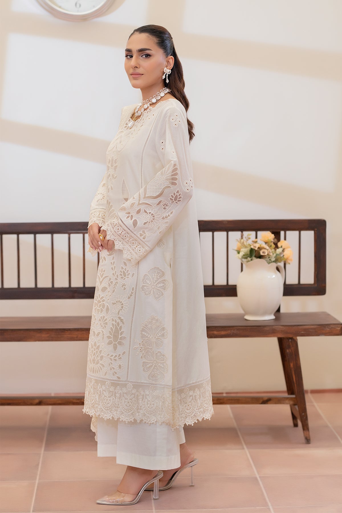 Pakistani Off-White Embroidered Lawn 3-Piece Suit - Image 3