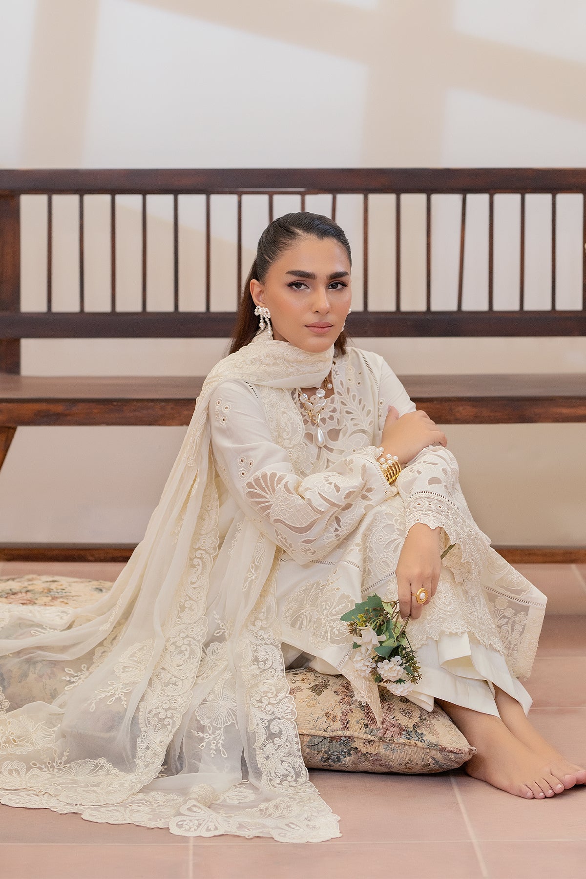 Pakistani Off-White Embroidered Lawn 3-Piece Suit - Image 4