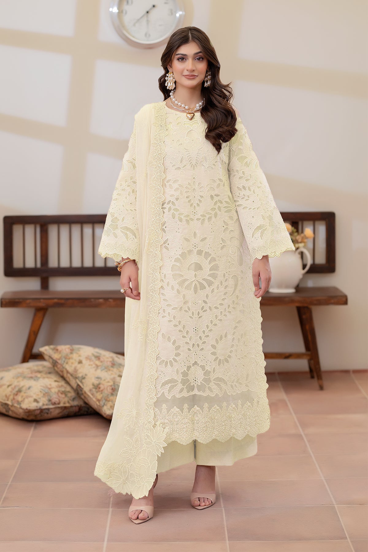 Pakistani Off White Embroidered Lawn Salwar Kameez (3-Piece) - Image 1