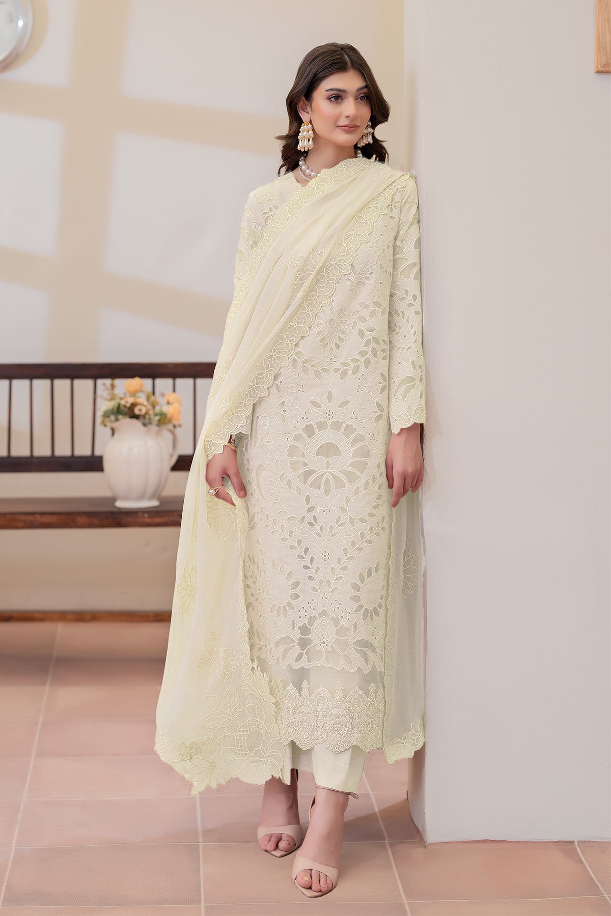 Pakistani Off White Embroidered Lawn Salwar Kameez (3-Piece) - Image 3