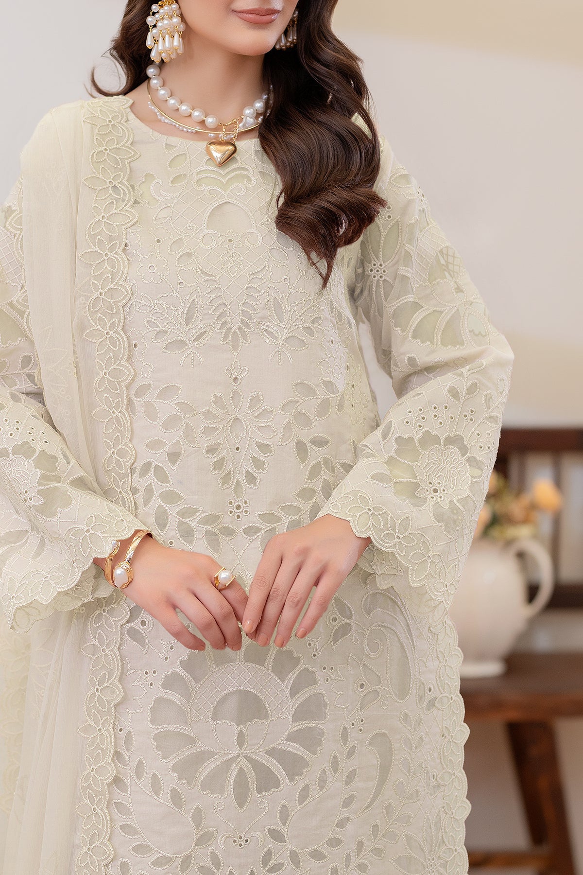 Pakistani Off White Embroidered Lawn Salwar Kameez (3-Piece) - Image 4