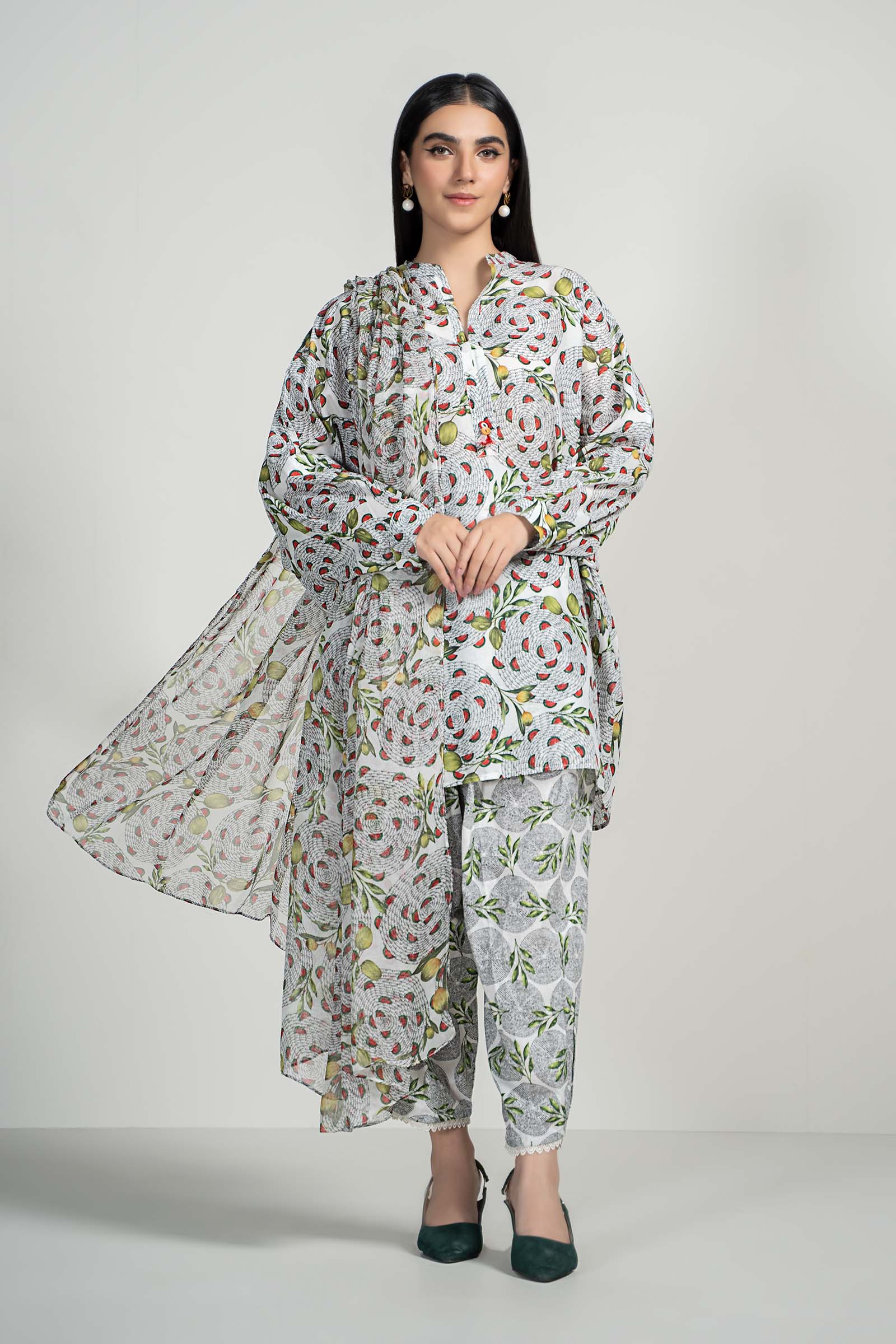 Pakistani Off-White Digital Printed Lawn Salwar Kameez (3-Piece) - Image 1