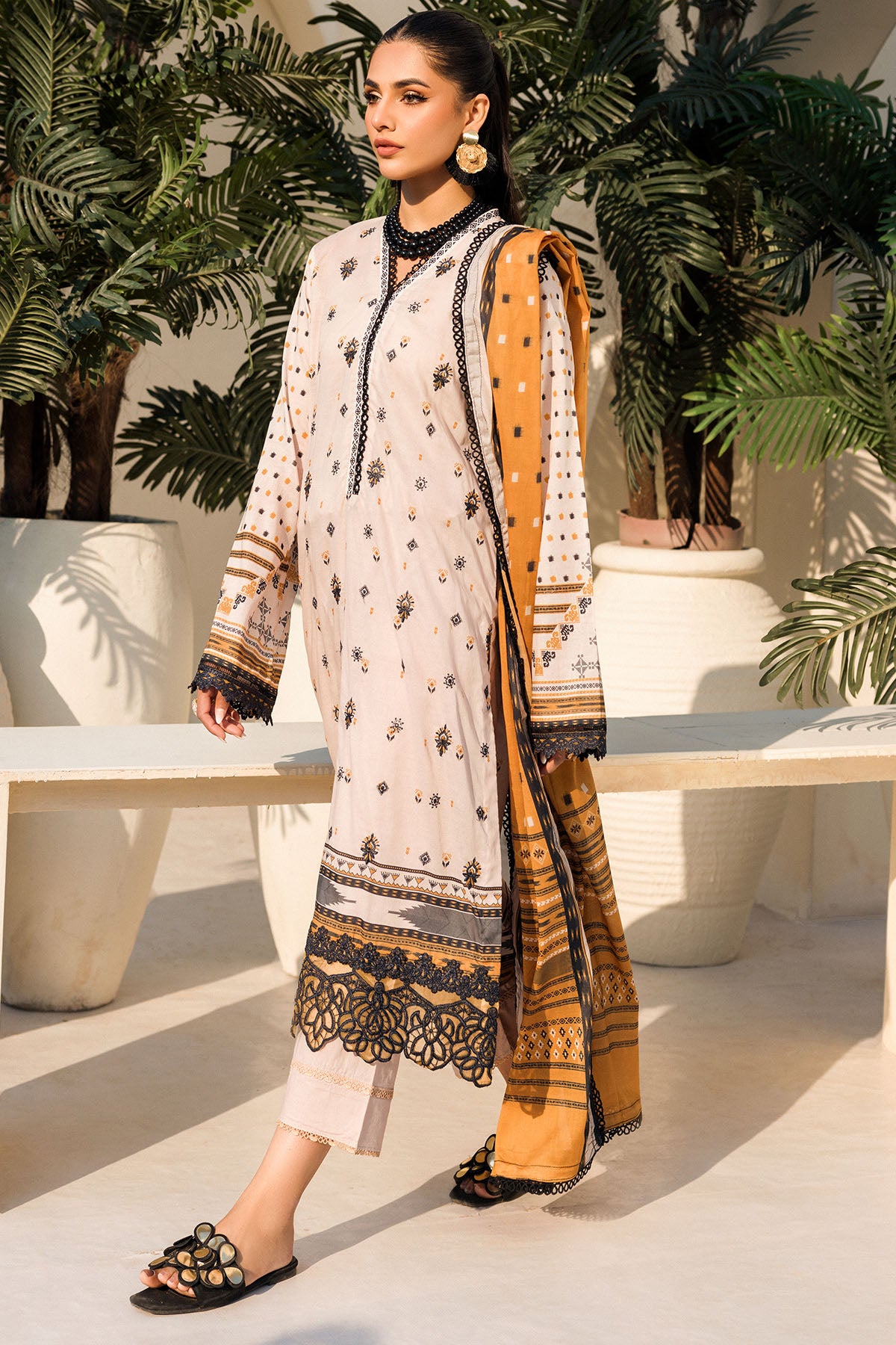 Ivory Mustard Embroidered Lawn Salwar Kameez (3-Piece) - Image 2