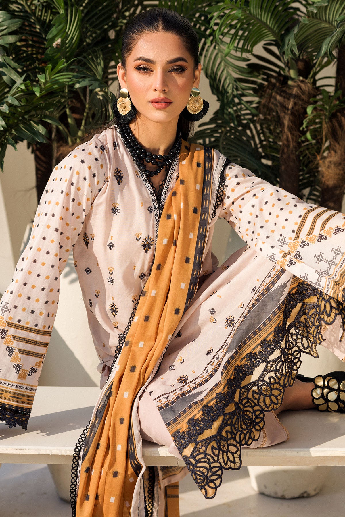 Ivory Mustard Embroidered Lawn Salwar Kameez (3-Piece) - Image 3